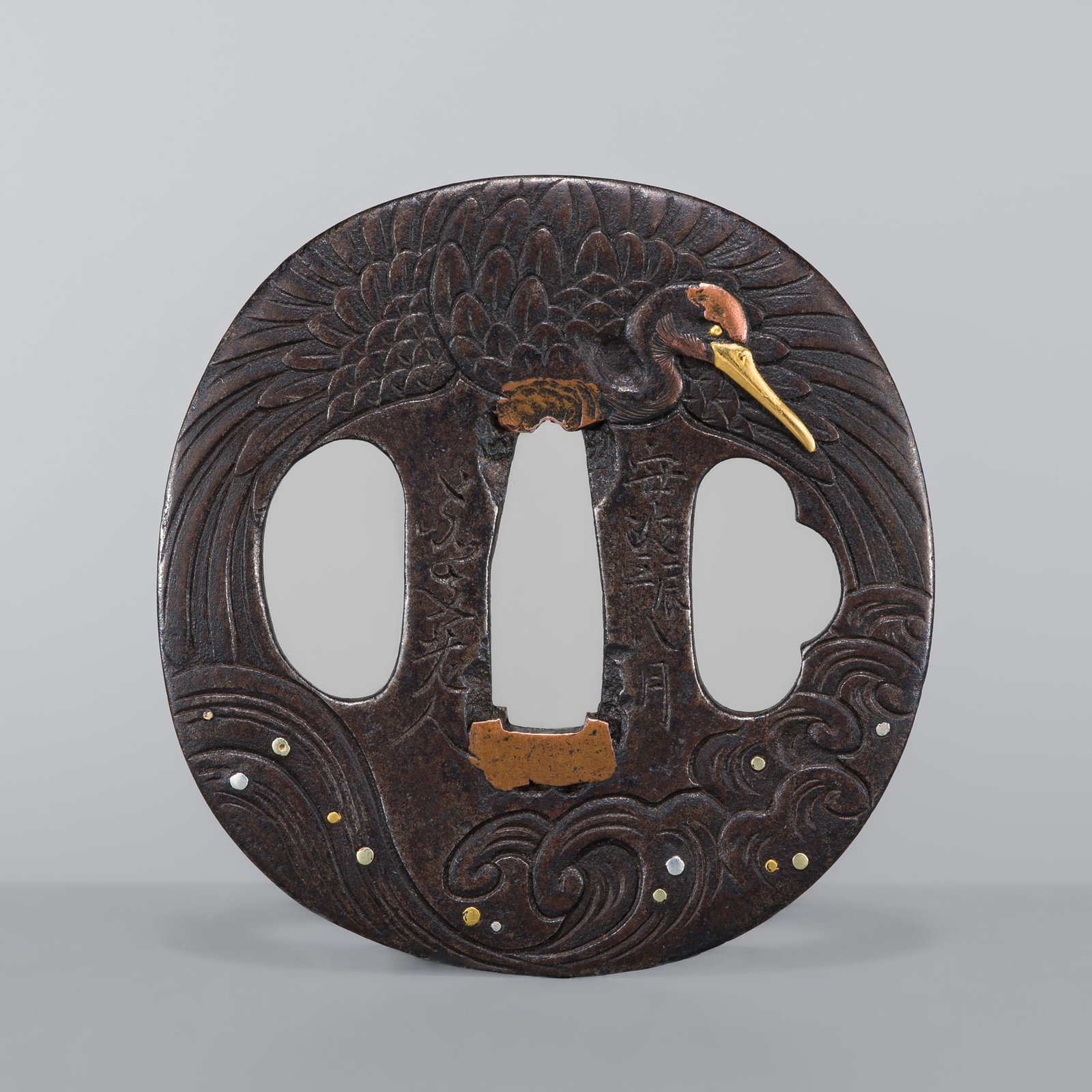 KATSURANO SEKIBUN: A SHONAI SCHOOL IRON TSUBA WITH CRANE AND MINOGAME (1 of 9)