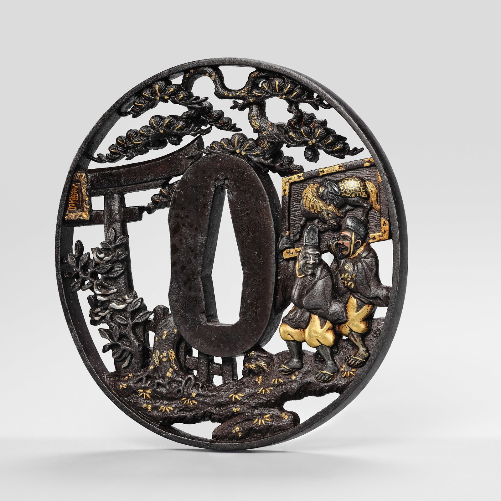 A TETSUGENDO SCHOOL IRON TSUBA WITH COURTIERS CARRYING AN EMA (1 of 11)