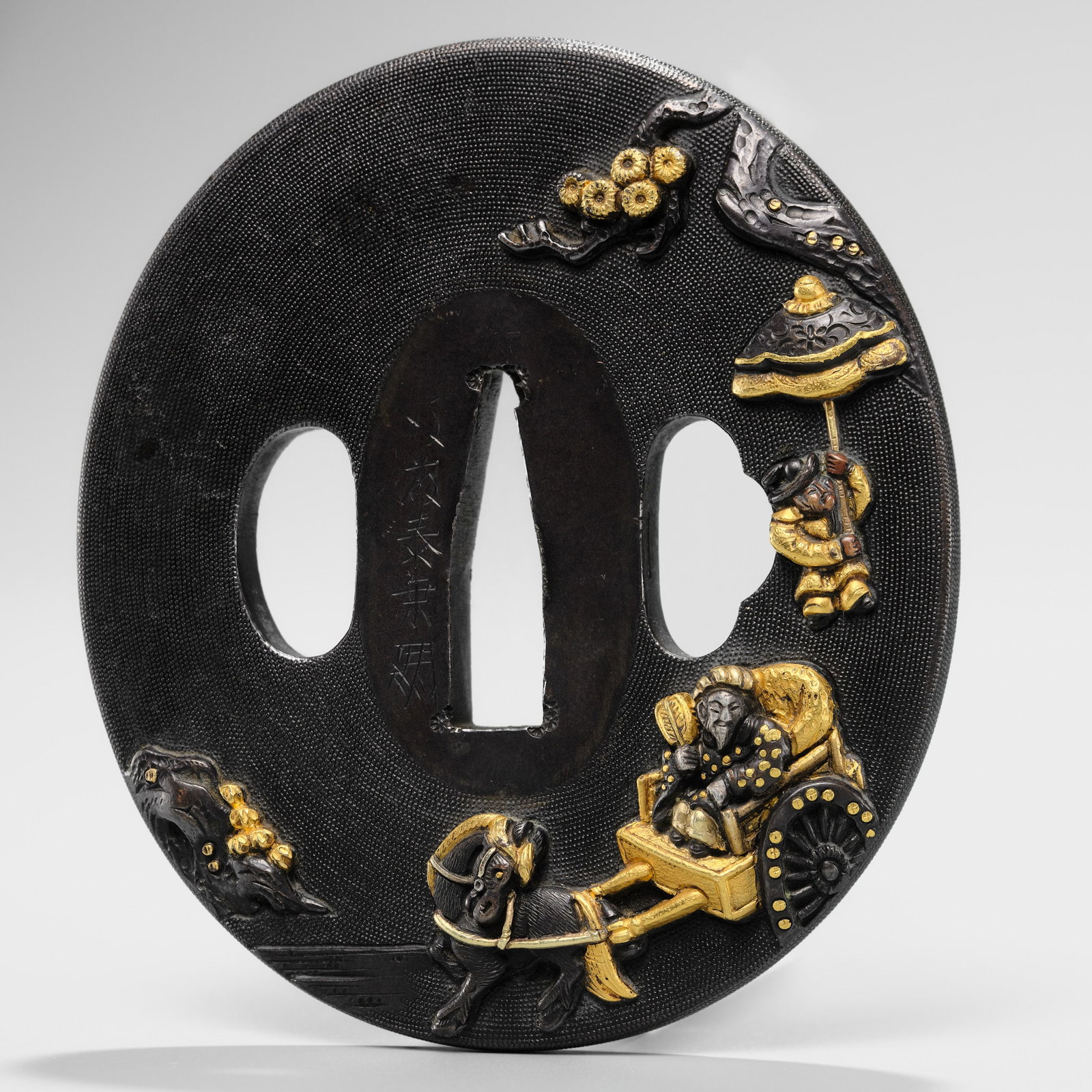 GOTO TAIJO: A FINE SHAKUDO NANAKO TSUBA WITH A HORSE DRAWN CHARIOT: GOTO TAIJO: A FINE SHAKUDO NANAKO TSUBA WITH A HORSE DRAWN CHARIOT By Goto Taijo (1631-1701), signed Goto Taijo and kao Japan, 18th century, Edo period (1615-1868) Of nagamarugata form, with kozuka an
