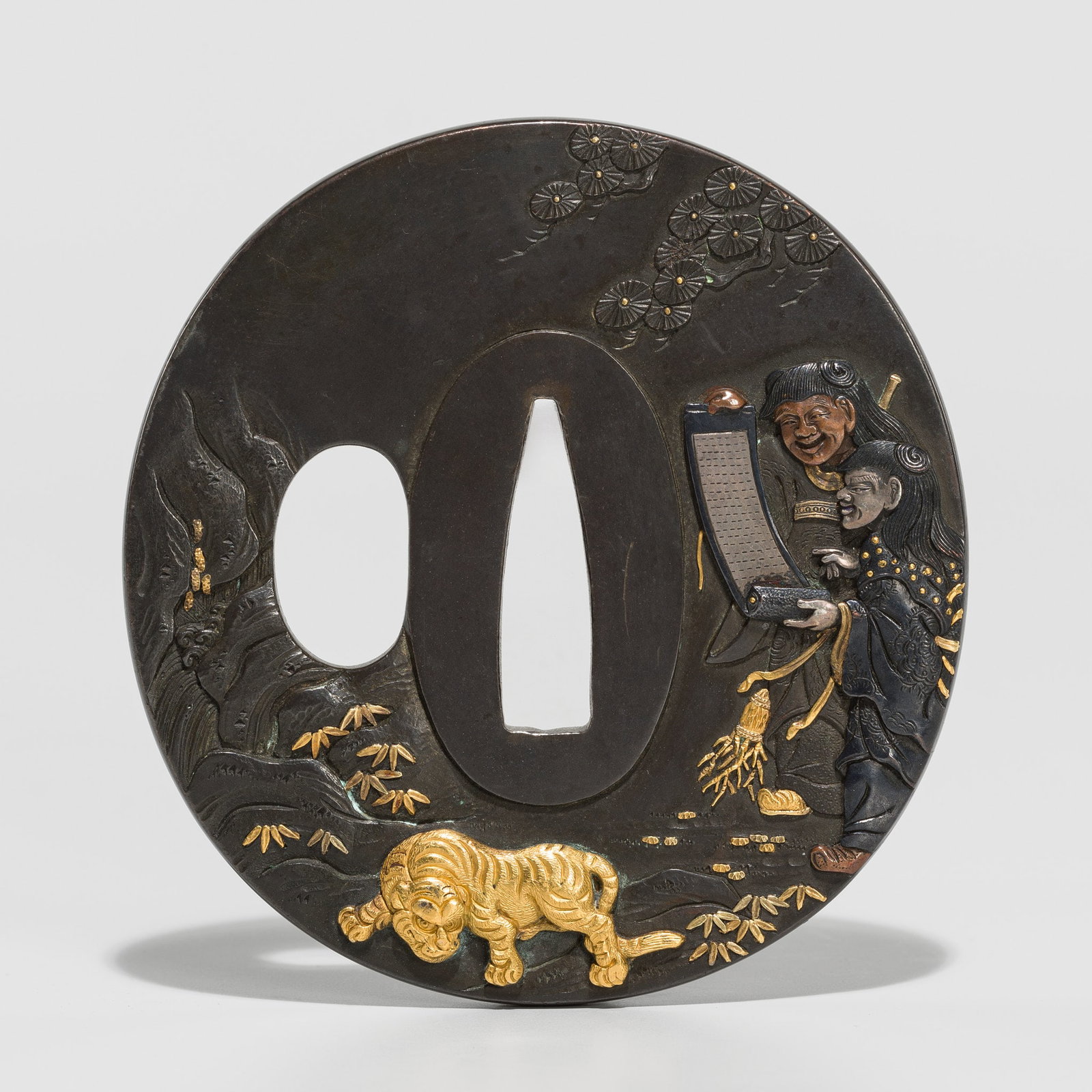 HAMANO NAOYUKI: A FINE HAMANO SCHOOL SHIBUICHI TSUBA DEPICTING KANZAN AND JITTOKU (1 of 9)