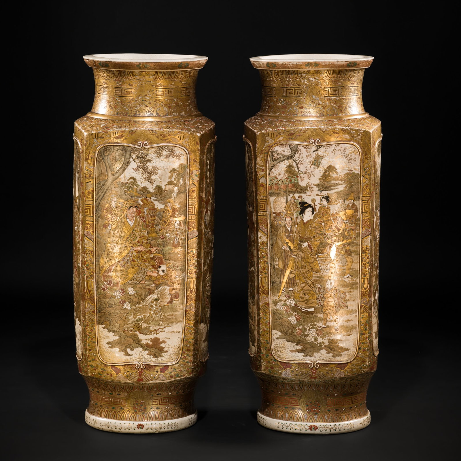 A PAIR OF MASSIVE SATSUMA CERAMIC ‘WARRIORS AND BEAUTIES’ VASES: A PAIR OF MASSIVE SATSUMA CERAMIC ‘WARRIORS AND BEAUTIES’ VASES Japan, Meiji period (1868-1912) Each skillfully potted, the square-section body with gently convex sides supported on a subt