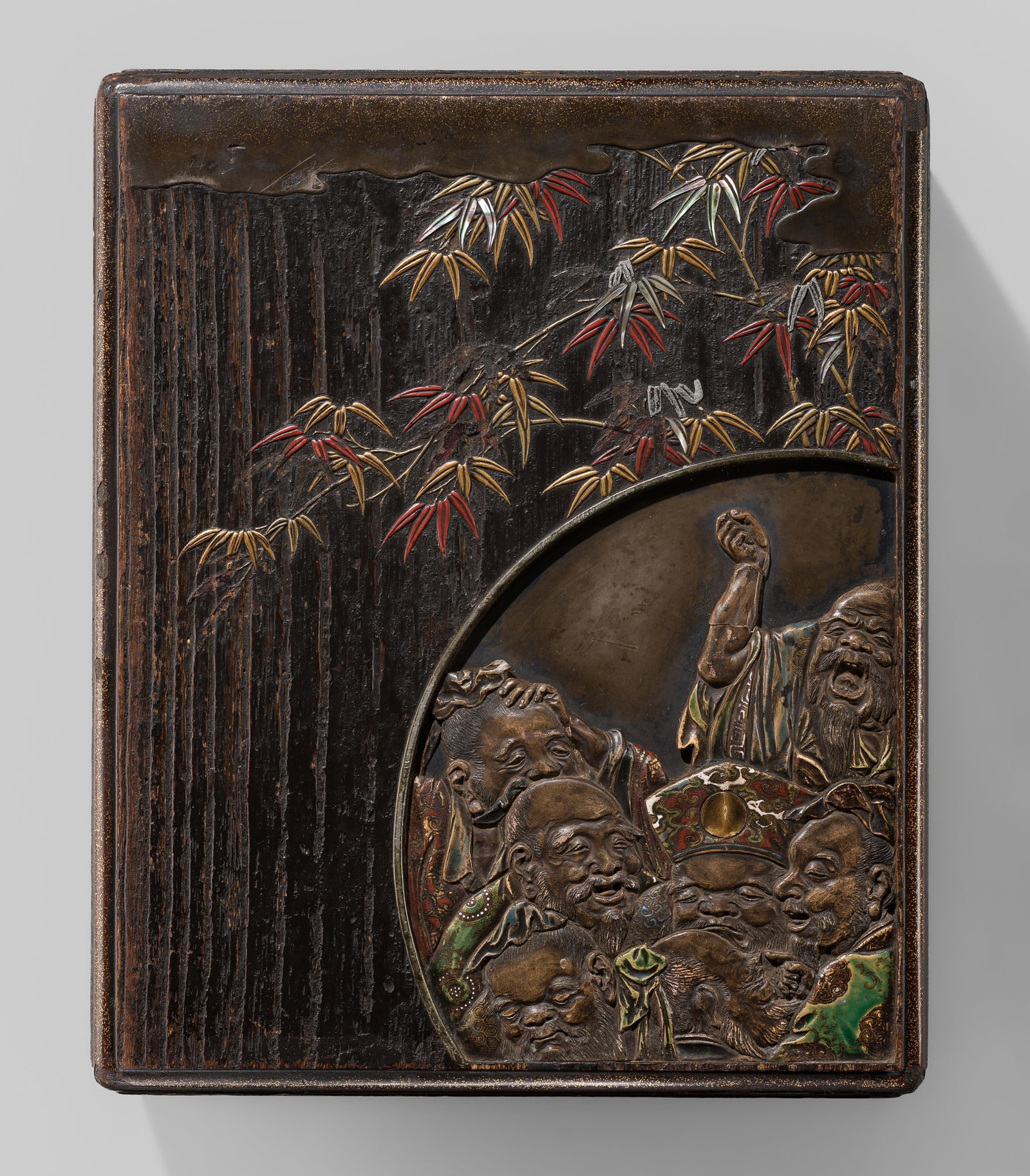 OGAWA HARITSU: A SUPERB INLAID LACQUER ‘SEVEN SAGES OF THE BAMBOO GROVE’ BUNKO (DOCUMENT (1 of 17)