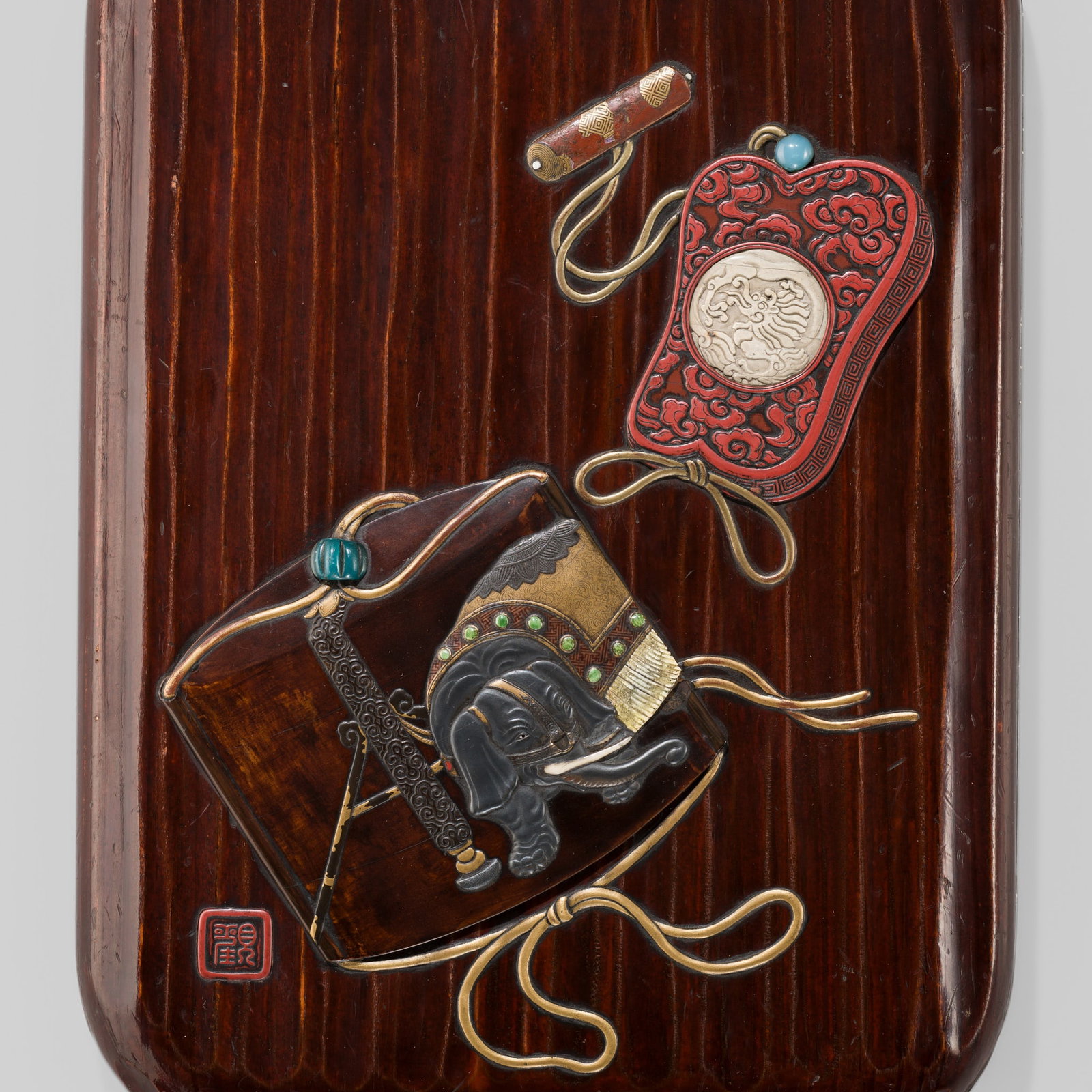 KAN: A SUPERB INLAID LACQUER ‘SAGEMONO SET’ SUZURIBAKO (WRITING BOX): KAN: A SUPERB INLAID LACQUER ‘SAGEMONO SET’ SUZURIBAKO (WRITING BOX) By Mochizuki Hanzan (Haritsu II,1743-1790), sealed Kan Japan, 18th century, Edo period (1615-1868) Of upright rectangu