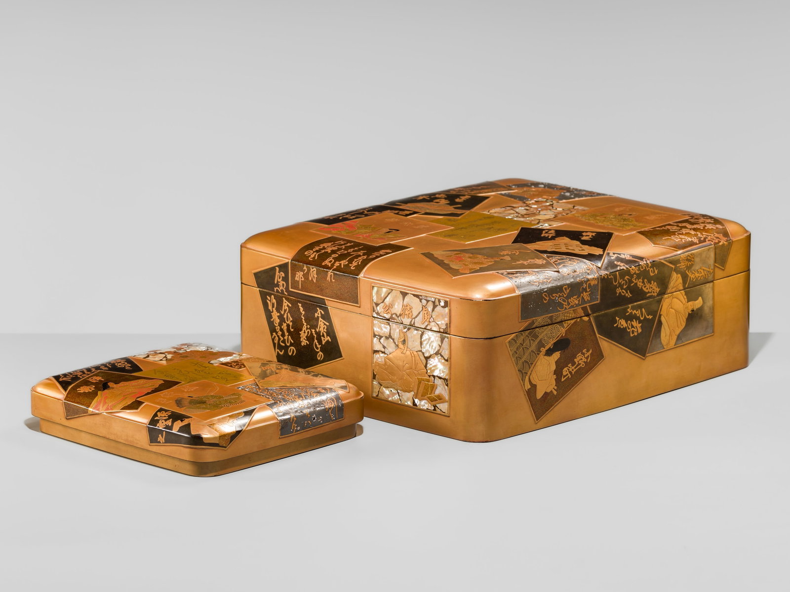 A SUPERB LACQUER SET OF A BUNKO (DOCUMENT BOX) AND SUZURIBAKO (WRITING BOX) DEPICTING THE THIRTY-SIX: A SUPERB LACQUER SET OF A BUNKO (DOCUMENT BOX) AND SUZURIBAKO (WRITING BOX) DEPICTING THE THIRTY-SIX POETIC IMMORTALS Japan, 19th century, late Edo period (1615–1868) to Meiji period (1868–