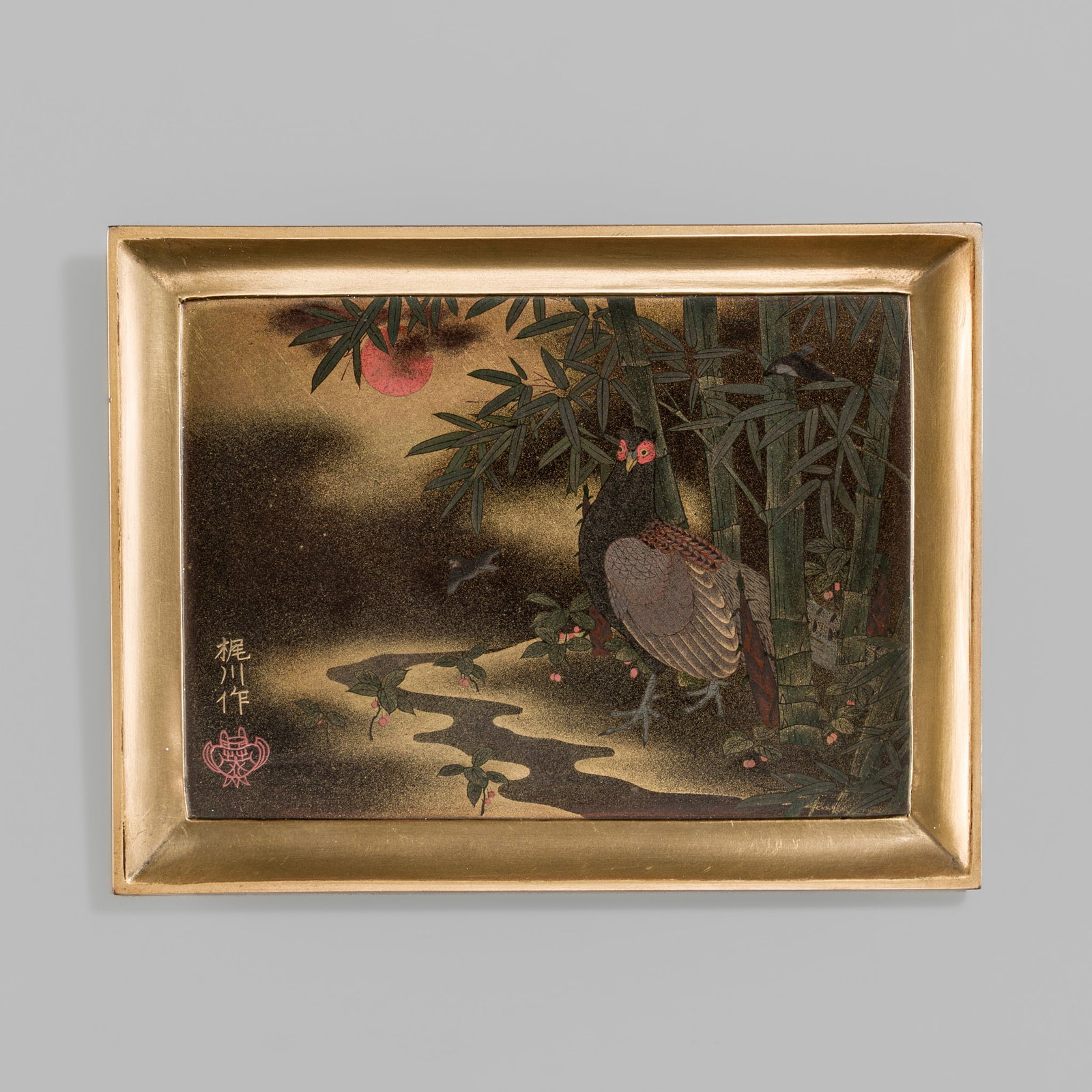 KAJIKAWA: A FINE TOGIDASHI LACQUER ‘PHEASANT AMONG BAMBOO’ KOBON (INCENSE TRAY): KAJIKAWA: A FINE TOGIDASHI LACQUER ‘PHEASANT AMONG BAMBOO’ KOBON (INCENSE TRAY) By a member of the Kajikawa family, signed Kajikawa saku 梶川作 with the pot-seal mark Ei 