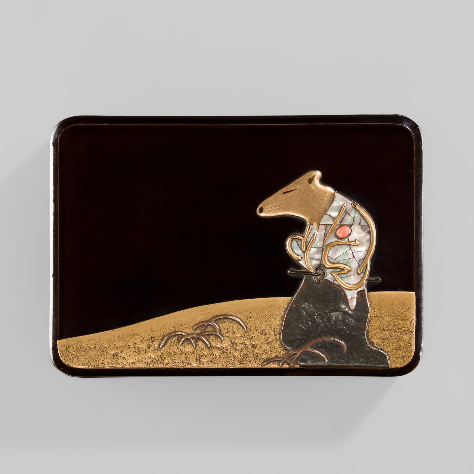 A VERY RARE INLAID LACQUER ‘SAMURAI CAPYBARA’ BOX AND COVER: A VERY RARE INLAID LACQUER ‘SAMURAI CAPYBARA’ BOX AND COVER Japan, second half of the 20th century, Showa period (1926-1989) Of rectangular form with gently rounded edges, bearing a lustro