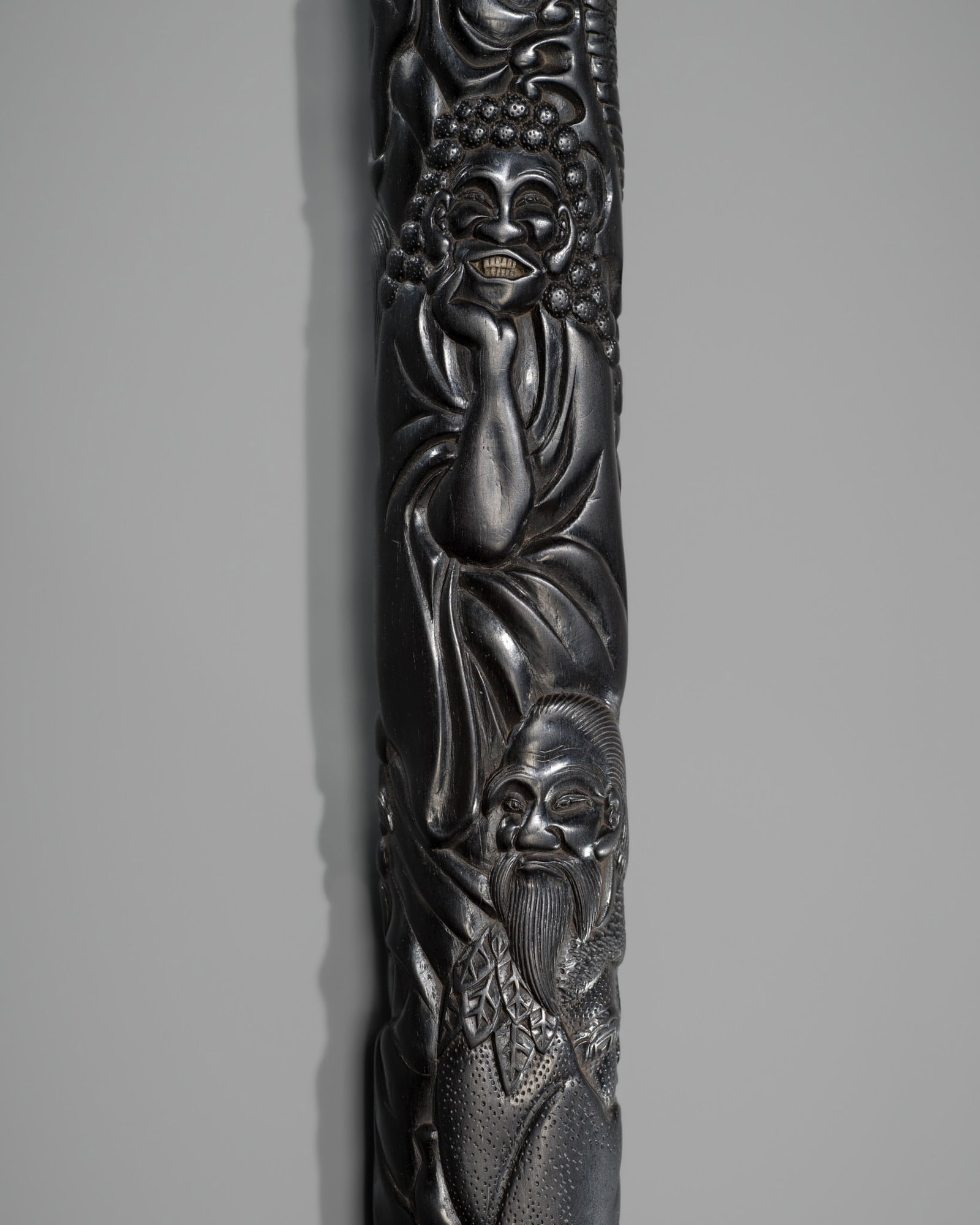 YOSHIOKA TOSEN: A RARE AND IMPRESSIVE DARK WOOD ‘IMMORTALS AND DUTCHMAN’ BOKUTO: YOSHIOKA TOSEN: A RARE AND IMPRESSIVE DARK WOOD ‘IMMORTALS AND DUTCHMAN’ BOKUTO (DOCTOR’S WOOD) By Yoshioka Tosen, signed choshi 彫師 Yoshioka Tosen 吉岡 