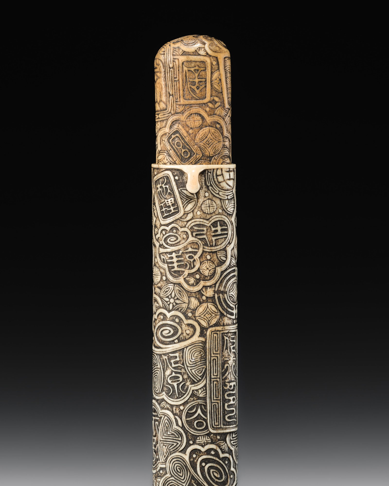KOKU: A SUPERB STAG-ANTLER KISERUZUTSU WITH A PROFUSION OF SEAL IMPRESSIONS: KOKU: A SUPERB STAG-ANTLER KISERUZUTSU WITH A PROFUSION OF SEAL IMPRESSIONS By Ozaki Kokusai (1835–1892) or a close follower, sealed Koku and Sai Japan, Tokyo, late 19th century, Meiji period (1