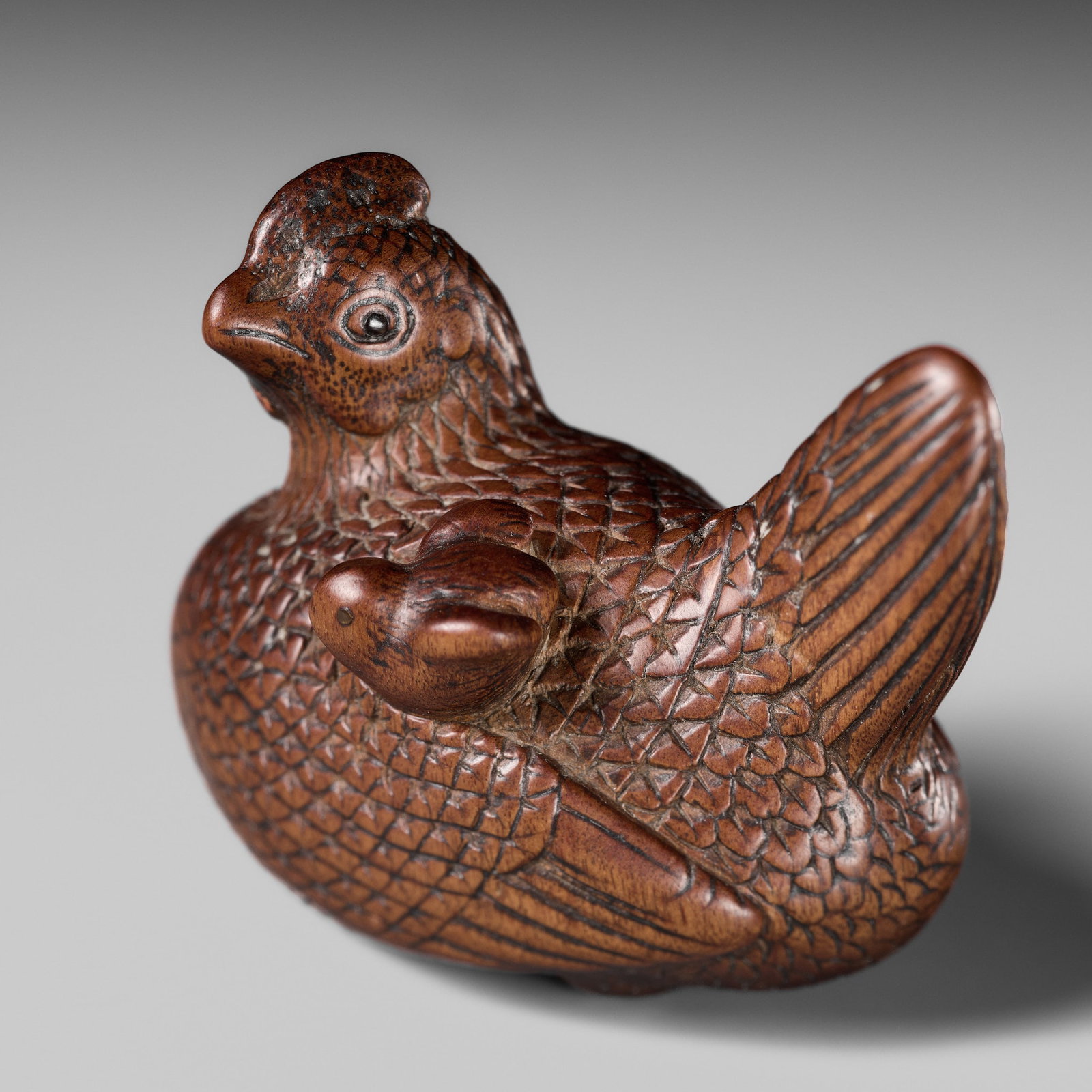 TOMOTSUNE: A SUPERB NAGOYA SCHOOL WOOD NETSUKE OF A HEN WITH TWO CHICKS (1 of 17)