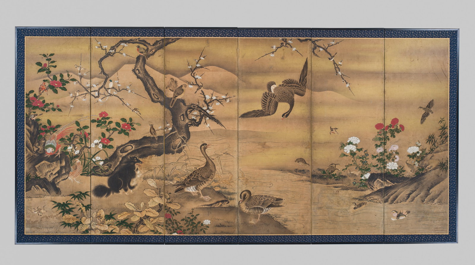 GEIAI: AN IMPORTANT SIX-PANEL ‘MUSK CAT, BIRDS AND FLOWERS’ BYOBU (FOLDING SCREEN): GEIAI: AN IMPORTANT SIX-PANEL ‘MUSK CAT, BIRDS AND FLOWERS’ BYOBU (FOLDING SCREEN) Sealed Geiai and Tonshu Japan, first half of the 16th century, Muromachi period (1333-1573) Ink, watercol