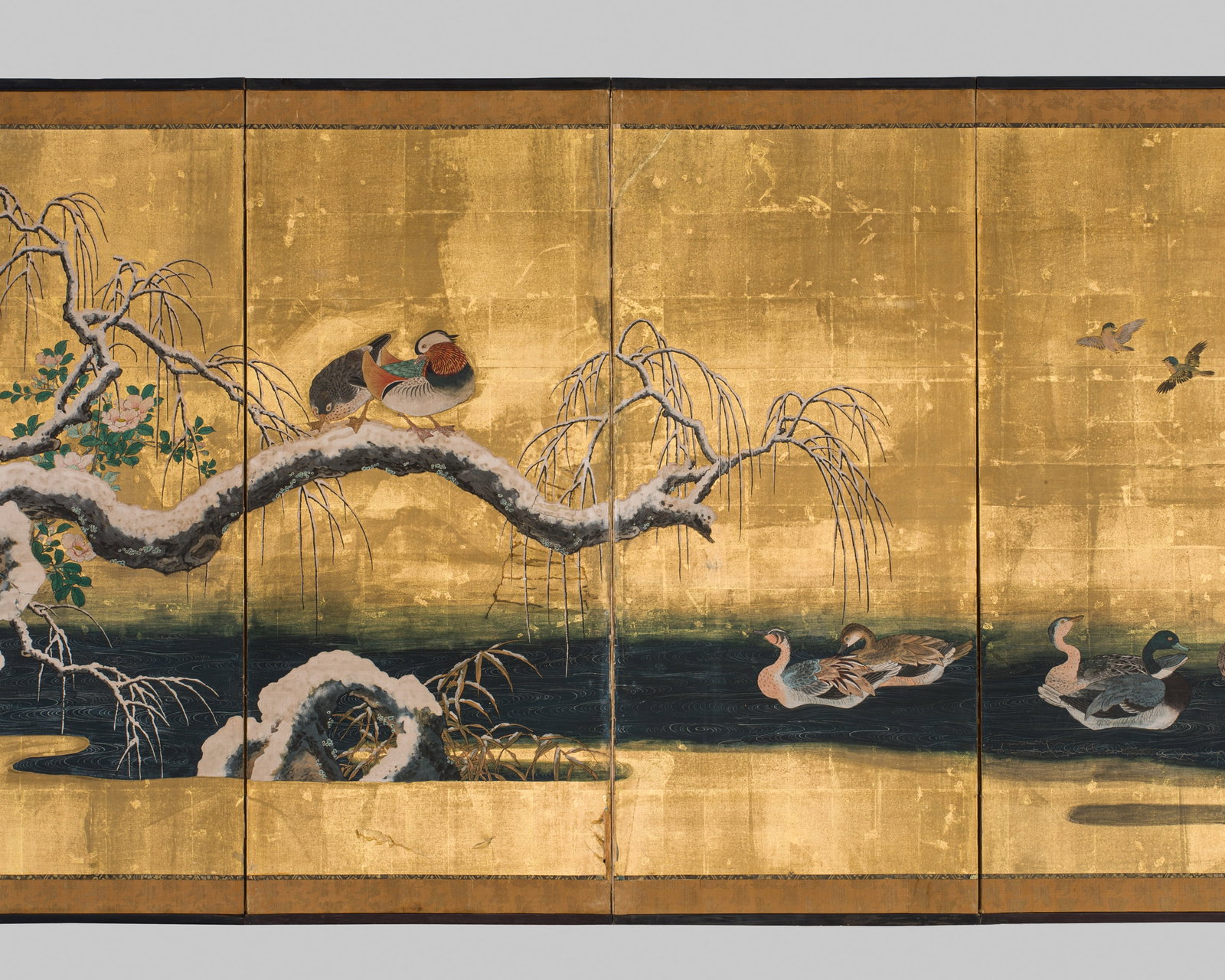 A FINE KANO SCHOOL SIX-PANEL BYOBU (FOLDING SCREEN) DEPICTING DUCKS IN A WINTER LANDSCAPE (1 of 14)