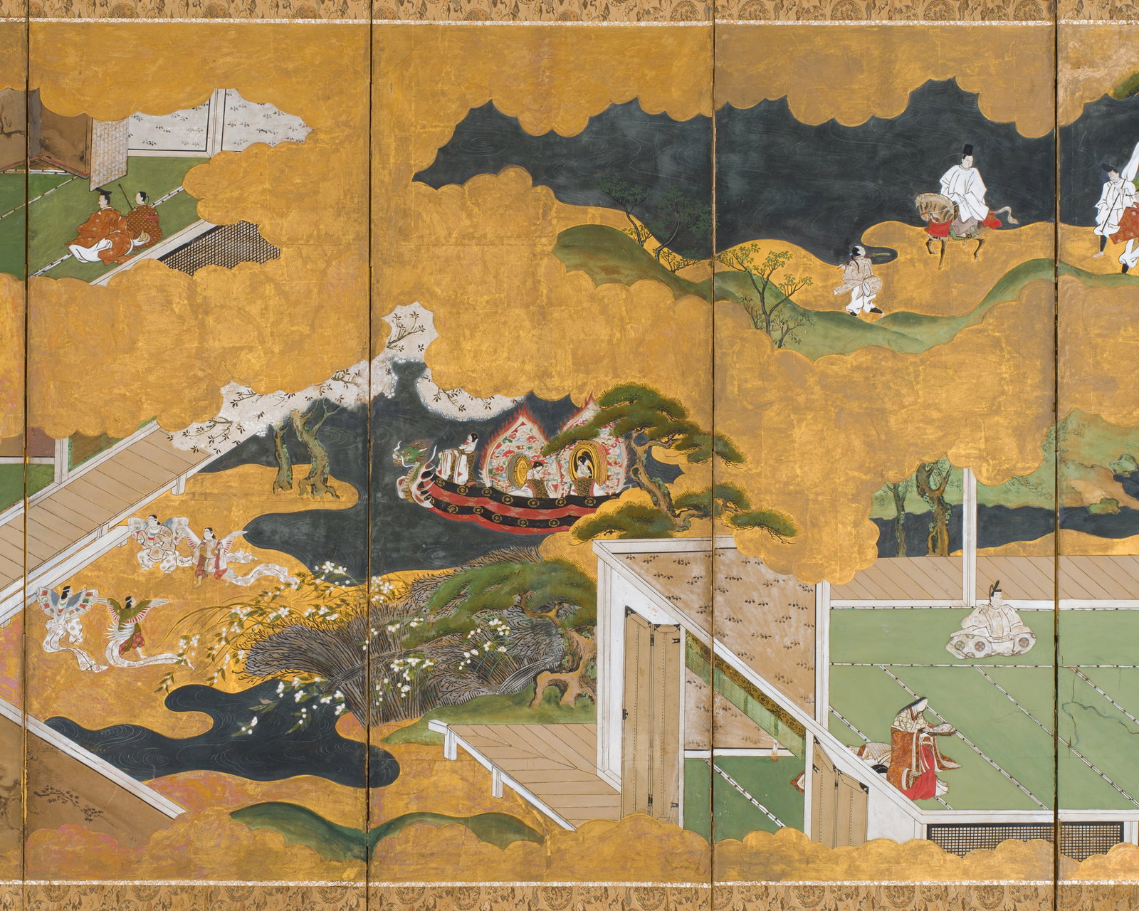 A FINE SIX-PANEL ‘TALE OF GENJI’ BYOBU (FOLDING SCREEN): A FINE SIX-PANEL ‘TALE OF GENJI’ BYOBU (FOLDING SCREEN) Japan, 17th-18th century, Edo period (1615-1868) Ink, watercolors, gouache, gold paint, and gold foil on paper. Mounted on sil
