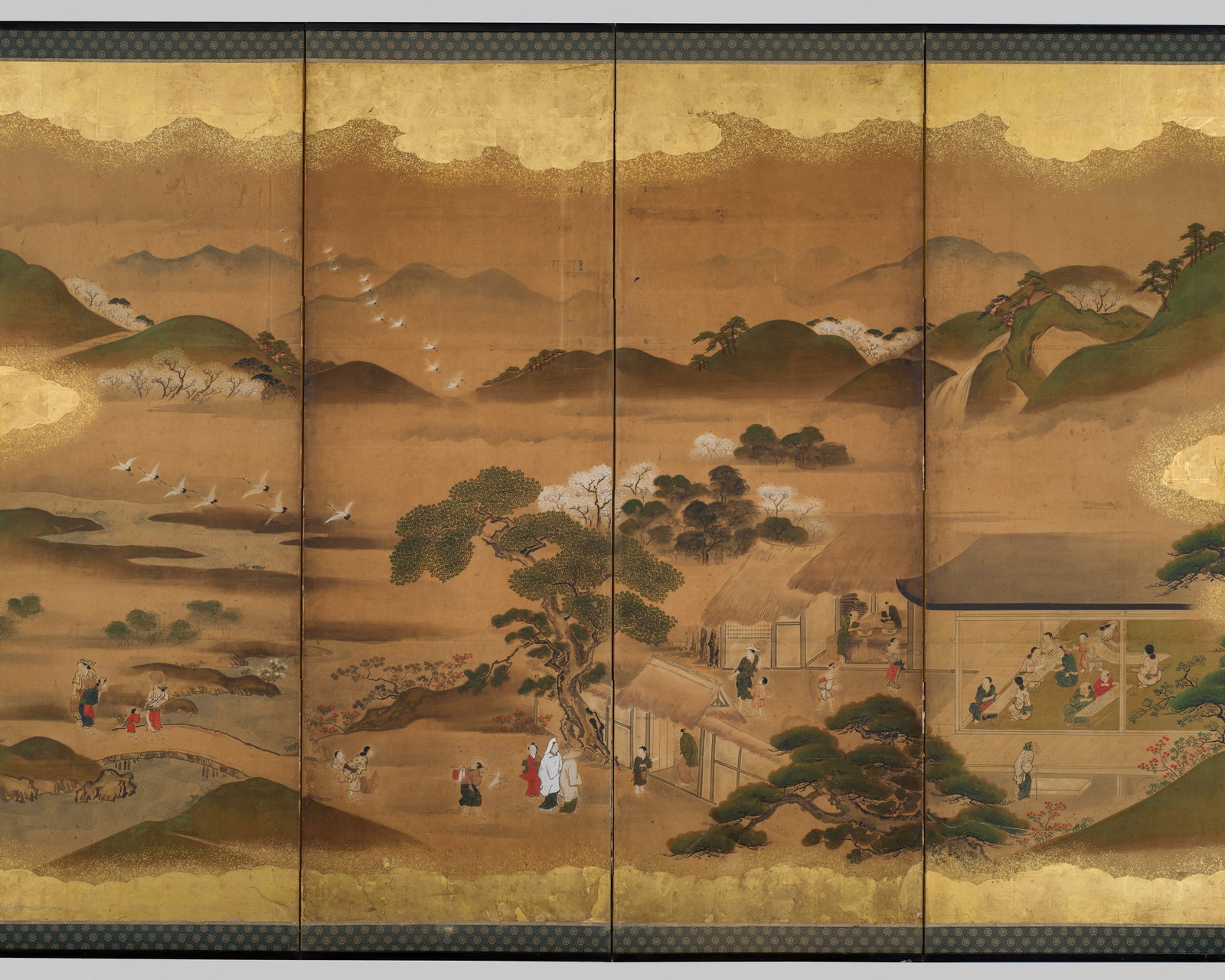 KANO TANSHIN: A SIX-PANEL SCREEN (BYOBU) DEPICTING A LANDSCAPE SCENE FROM THE UJI REGION: KANO TANSHIN: A SIX-PANEL SCREEN (BYOBU) DEPICTING A LANDSCAPE SCENE FROM THE UJI REGION By Kano Tanshin (1785-1836), signed Tanshinsai hogen ga Japan, early 19th century, Edo period (1615-1868) Ink, 
