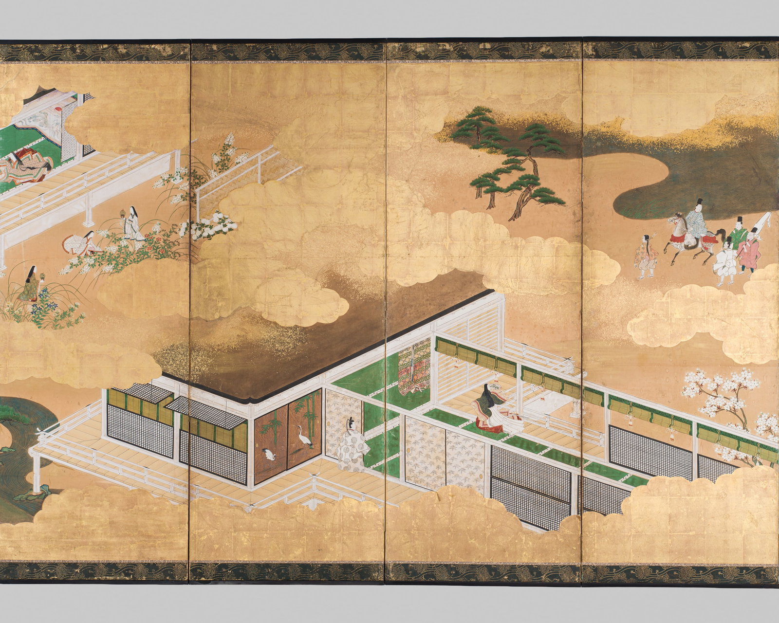 KIYONO YOZAN: A FINE SIX-PANEL ‘TALE OF GENJI’ BYOBU (FOLDING SCREEN): KIYONO YOZAN: A FINE SIX-PANEL ‘TALE OF GENJI’ BYOBU (FOLDING SCREEN) By Kiyono Yozan (active c. 1690-1704), signed Yozan sho kore and seal Issei Japan, early 18th century, Edo period (161