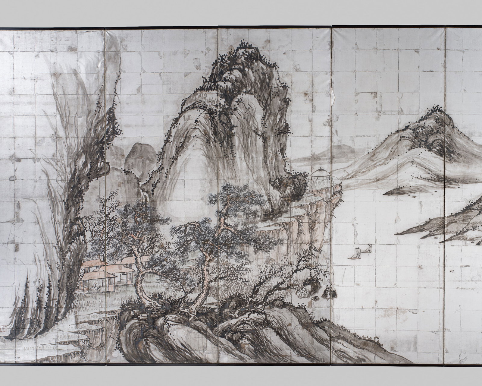 † HATTORI GORO: A FINE SIX-PANEL SILVER-FOIL GROUND ‘LANDSCAPE’ BYOBU (FOLDING (1 of 11)