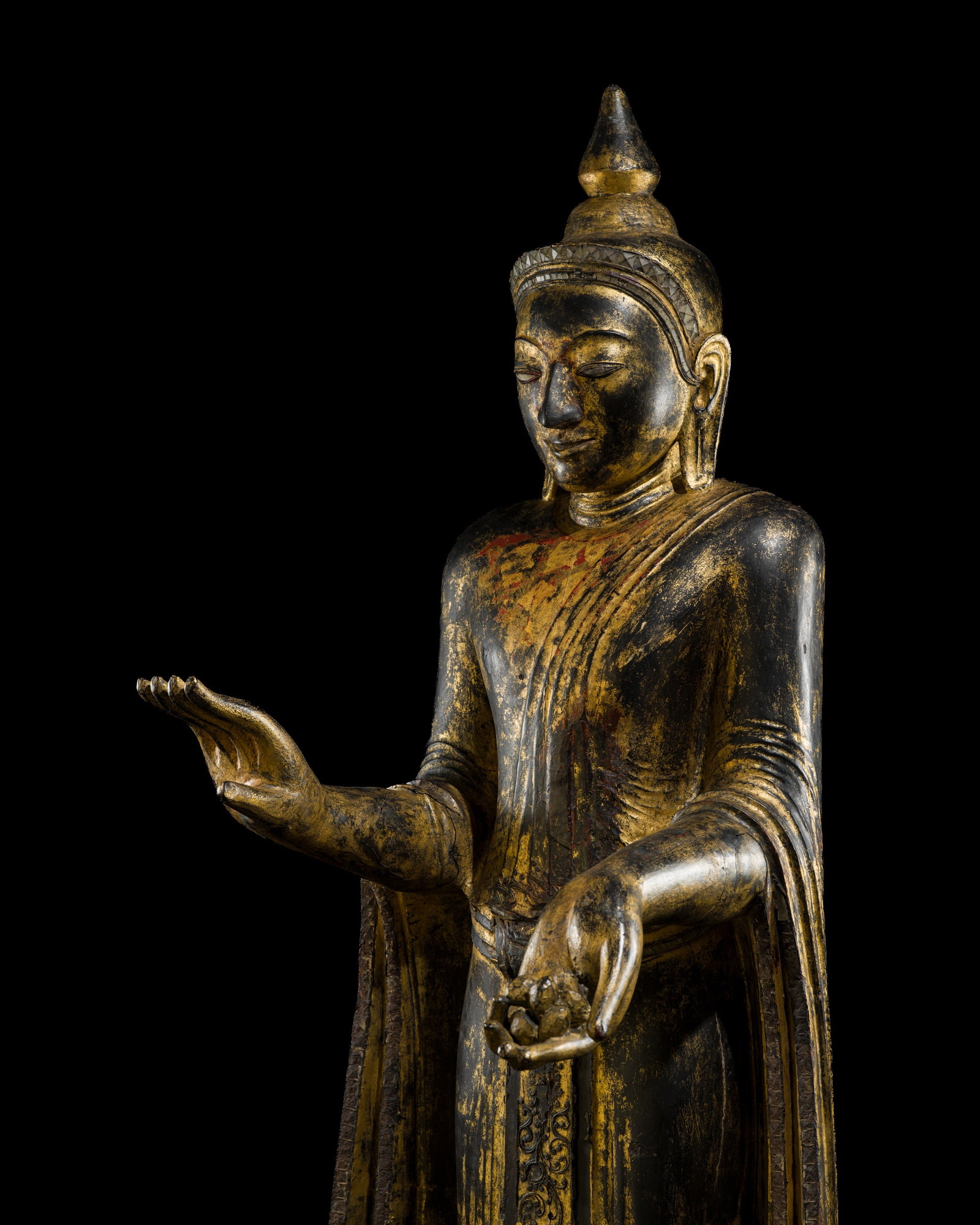 A RARE AND MONUMENTAL (2 M) GILT-LACQUERED WOOD FIGURE OF BUDDHA, 2ND AVA PERIOD, 16TH-18TH CENTURY: A RARE AND MONUMENTAL (2 M) GILT-LACQUERED WOOD FIGURE OF BUDDHA, 2ND AVA PERIOD, 16TH-18TH CENTURY This lot is from a single owner collection and is therefore offered without reserve Burma. Carved st