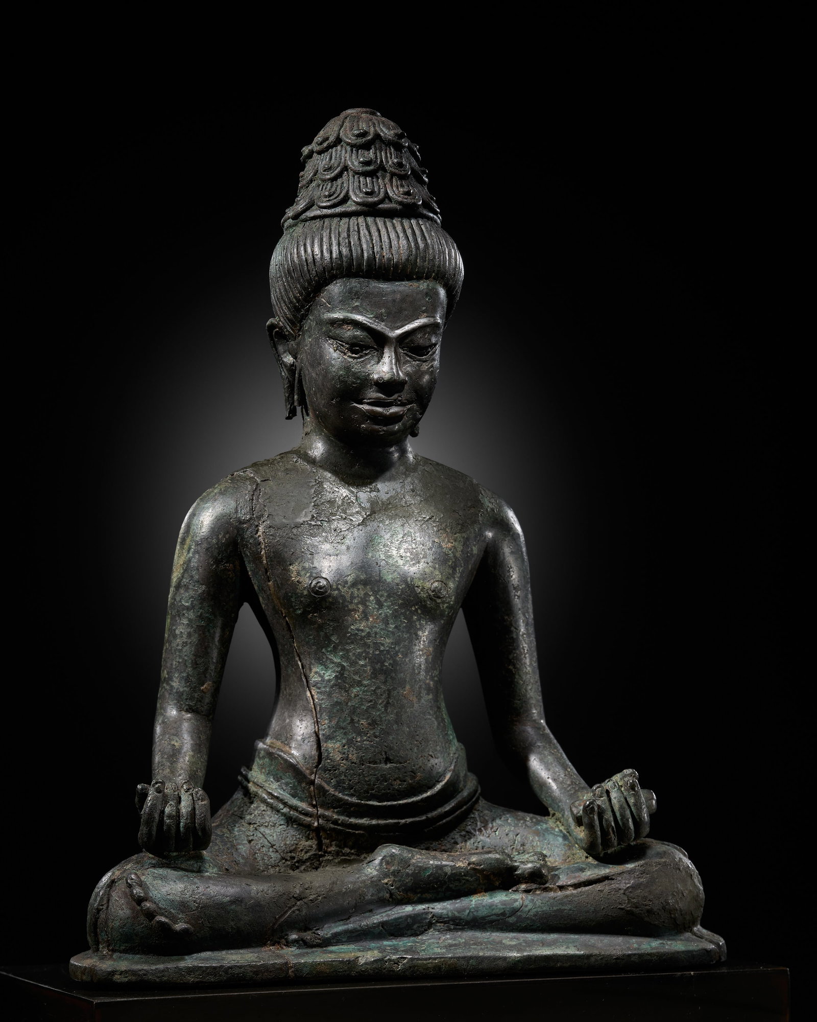 AN EXCEPTIONALLY RARE BRONZE FIGURE OF A BODHISATTVA, PROBABLY FROM THE 'PRAKHON CHAI HOARD',: AN EXCEPTIONALLY RARE BRONZE FIGURE OF A BODHISATTVA, PROBABLY FROM THE 'PRAKHON CHAI HOARD', PRE-ANGKOR, 8TH-9TH CENTURY This lot is from a single owner collection and is therefore offered without re