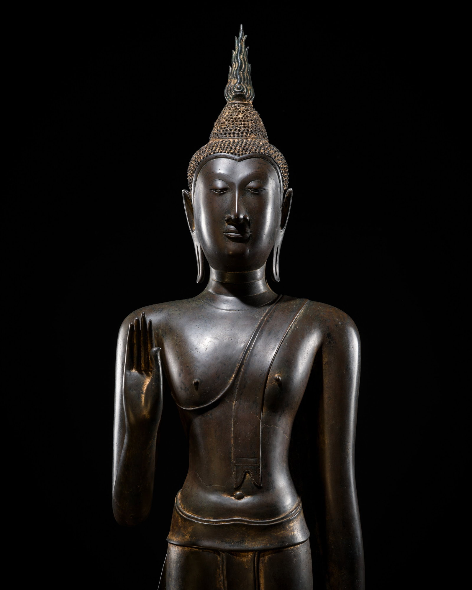 A RARE AND LARGE BRONZE FIGURE OF THE WALKING BUDDHA, U-THONG C STYLE, 14TH CENTURY: A RARE AND LARGE BRONZE FIGURE OF THE WALKING BUDDHA, U-THONG C STYLE, 14TH CENTURY This lot is from a single owner collection and is therefore offered without reserve The Jorgen Ruben Gallery Ledger,