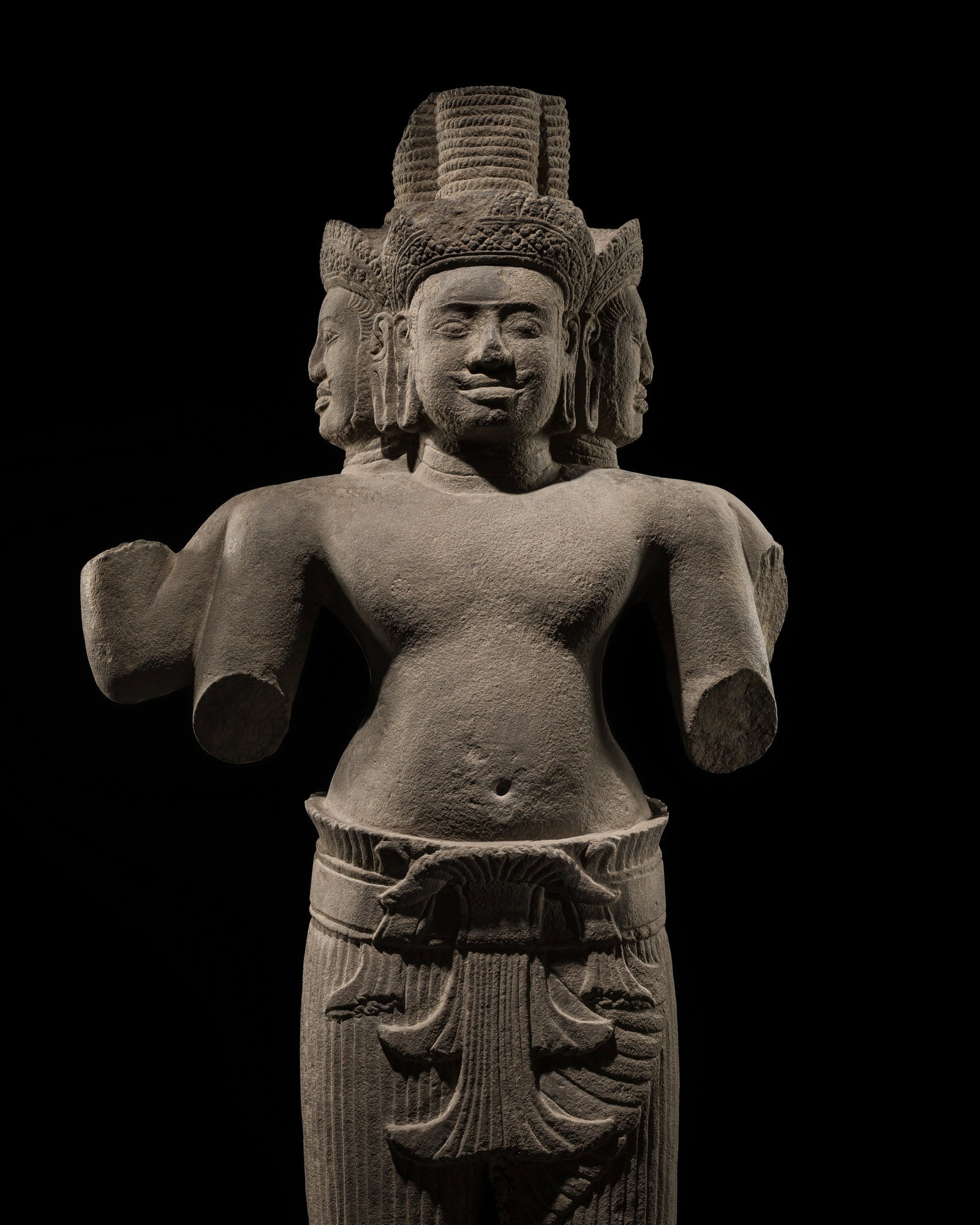 A LARGE AND MAGNIFICENT SANDSTONE FIGURE OF BRAHMA, BAKHENG STYLE, ANGKOR PERIOD, 10TH CENTURY: A LARGE AND MAGNIFICENT SANDSTONE FIGURE OF BRAHMA, BAKHENG STYLE, ANGKOR PERIOD, 10TH CENTURY This lot is from a single owner collection and is therefore offered without reserve The Jorgen Ruben Gall