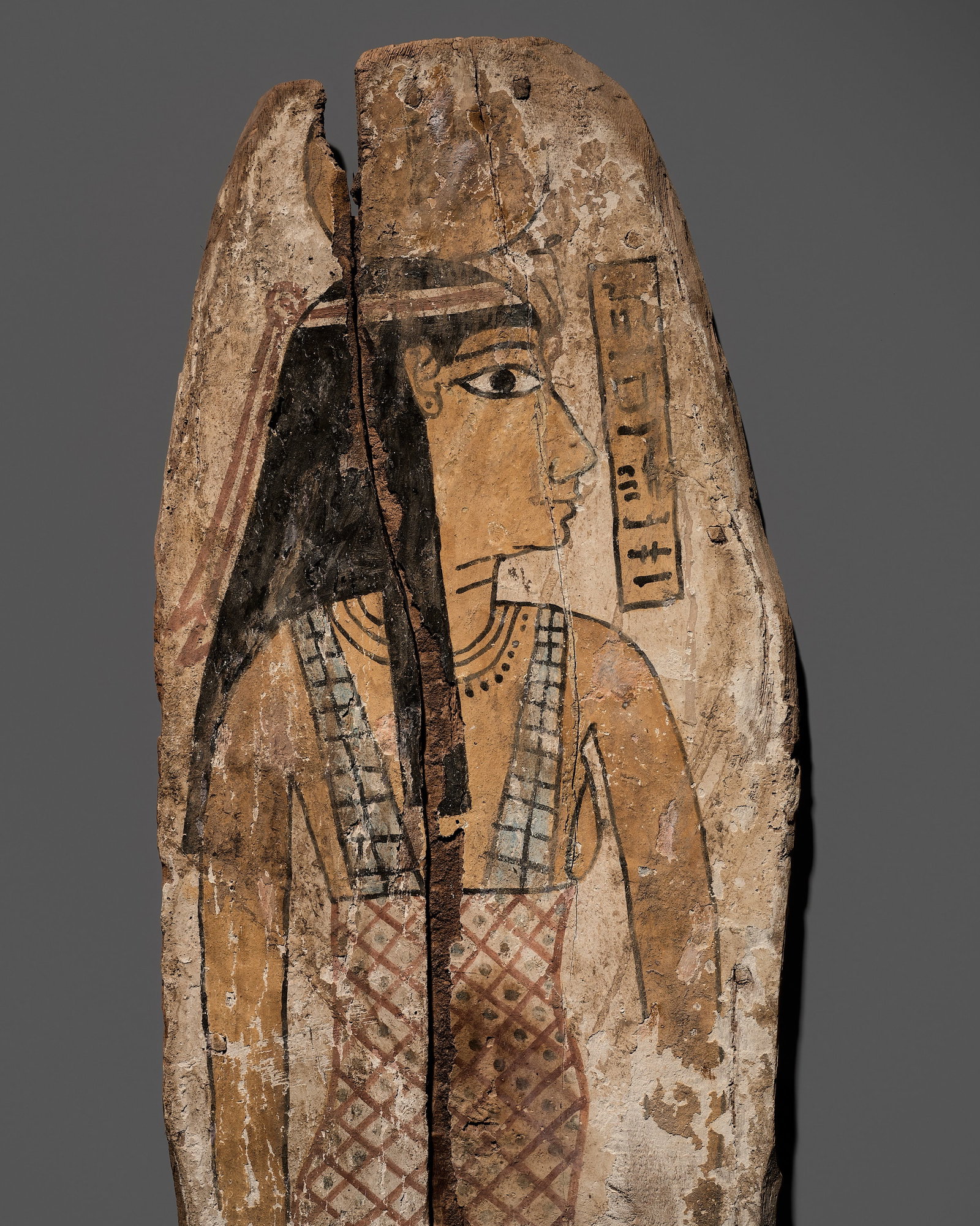 AN EGYPTIAN POLYCHROME WOOD SARCOPHAGUS FRAGMENT DEPICTING NUT, LATE PERIOD-PTOLEMAIC PERIOD: AN EGYPTIAN POLYCHROME WOOD SARCOPHAGUS FRAGMENT DEPICTING NUT, LATE PERIOD-PTOLEMAIC PERIOD This lot is from a single owner collection and is therefore offered without reserve The Jorgen Ruben Galler