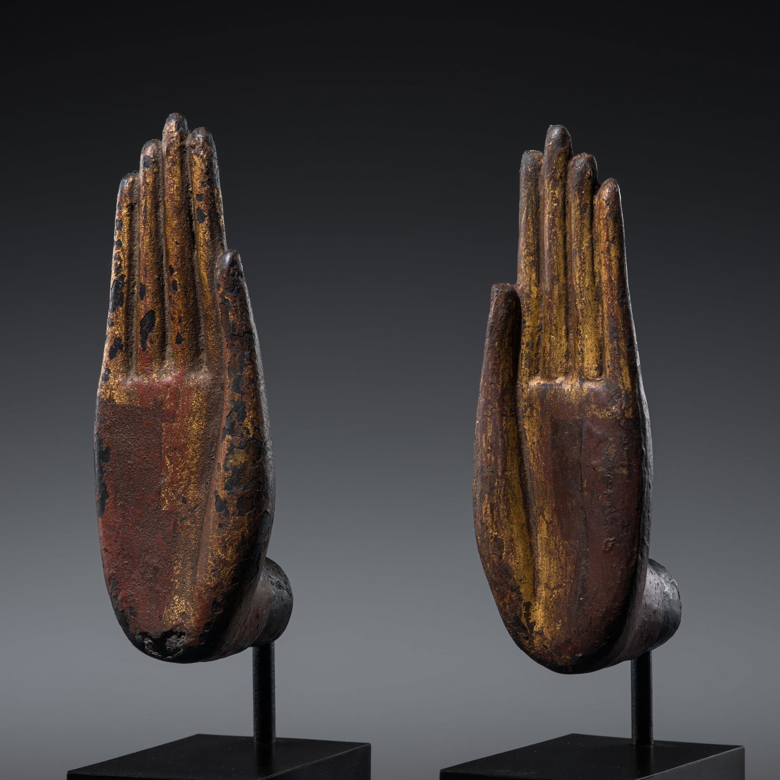 A PAIR OF GILT BRONZE FRAGMENTARY HANDS OF BUDDHA, AYUTTHAYA KINGDOM, 16TH-17TH CENTURY: A PAIR OF GILT BRONZE FRAGMENTARY HANDS OF BUDDHA, AYUTTHAYA KINGDOM, 16TH-17TH CENTURY This lot is from a single owner collection and is therefore offered without reserve The Jorgen Ruben Gallery Led