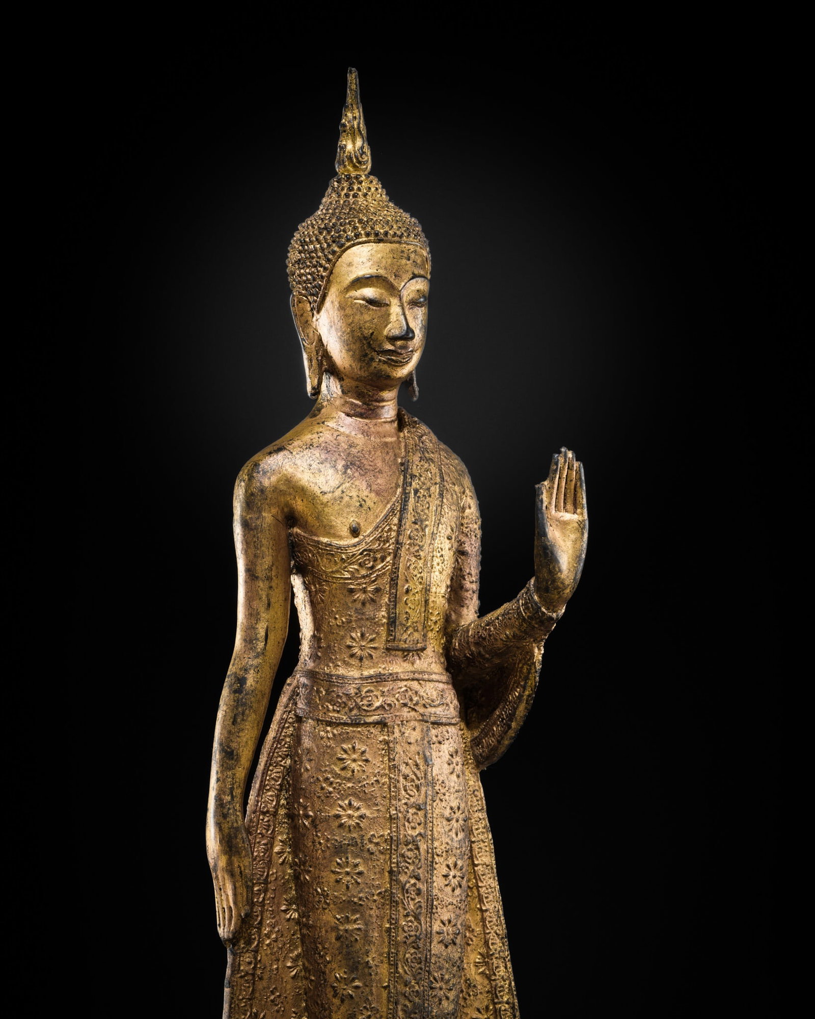 A GILT-BRONZE FIGURE OF BUDDHA, RATTANAKOSIN PERIOD: A GILT-BRONZE FIGURE OF BUDDHA, RATTANAKOSIN PERIOD This lot is from a single owner collection and is therefore offered without reserve The Jorgen Ruben Gallery Ledger, entry from 2005: “No. 138