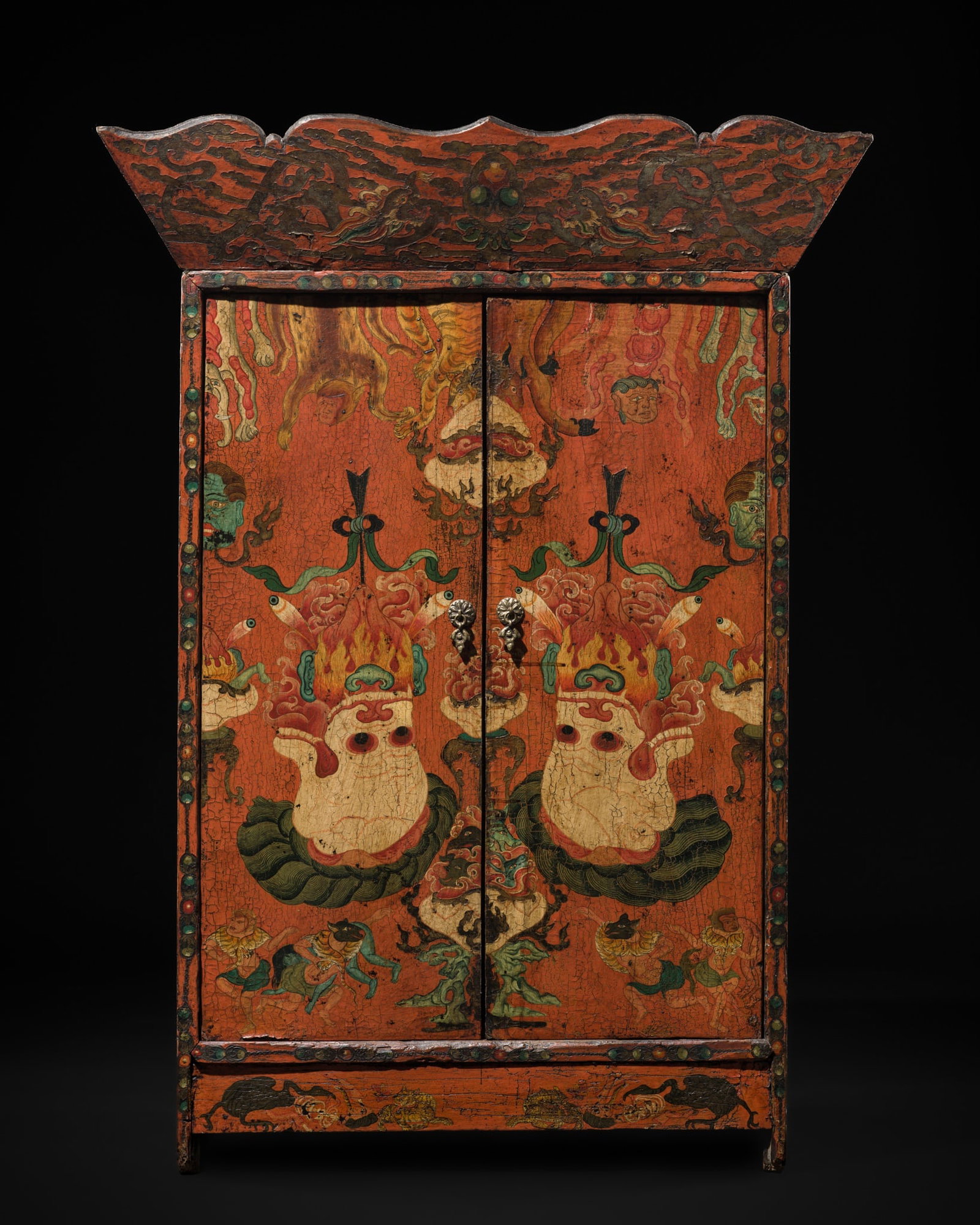 A PAINTED WOOD RITUAL CABINET (TORGAM) DEPICTING CHITIPATI, TIBET, 19TH CENTURY: A PAINTED WOOD RITUAL CABINET (TORGAM) DEPICTING CHITIPATI, TIBET, 19TH CENTURY This lot is from a single owner collection and is therefore offered without reserve The Jorgen Ruben Gallery Ledger, ent