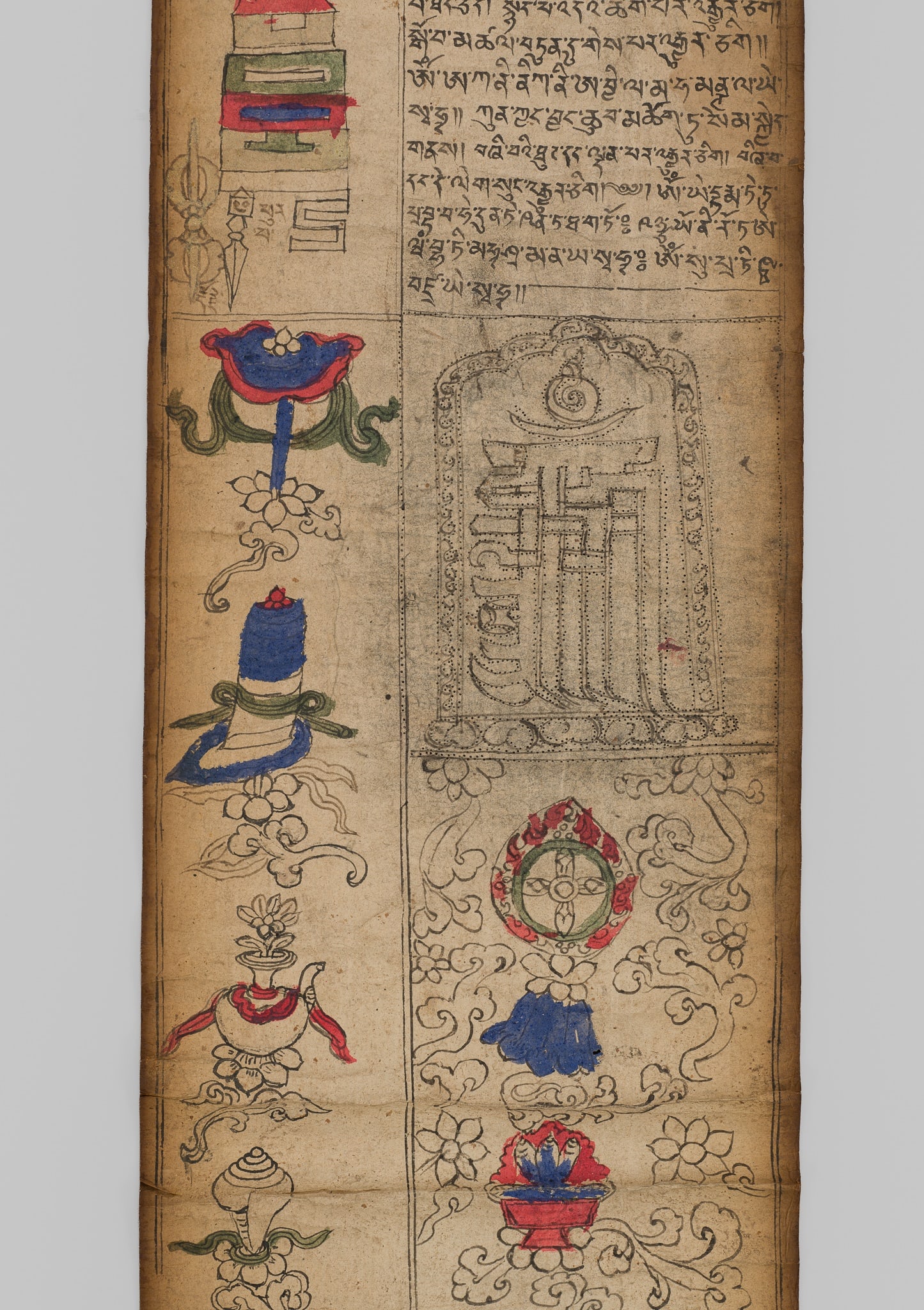 AN 'ASTROLOGY' SUTRA SCROLL, 19TH CENTURY: AN 'ASTROLOGY' SUTRA SCROLL, 19TH CENTURY This lot is from a single owner collection and is therefore offered without reserve Tibet. Ink and watercolors on paper, with partial fabric mounting. Painted