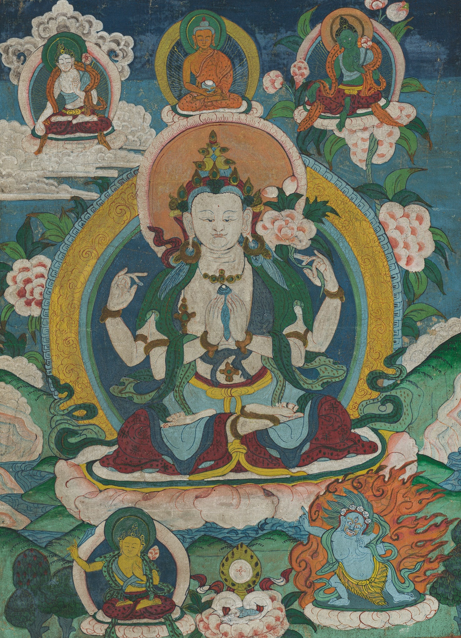 A THANGKA OF SHADAKSHARI LOKESHVARA, 19TH CENTURY: A THANGKA OF SHADAKSHARI LOKESHVARA, 19TH CENTURY This lot is from a single owner collection and is therefore offered without reserve Tibet. Gold, distemper and watercolors on cloth. The four-armed de