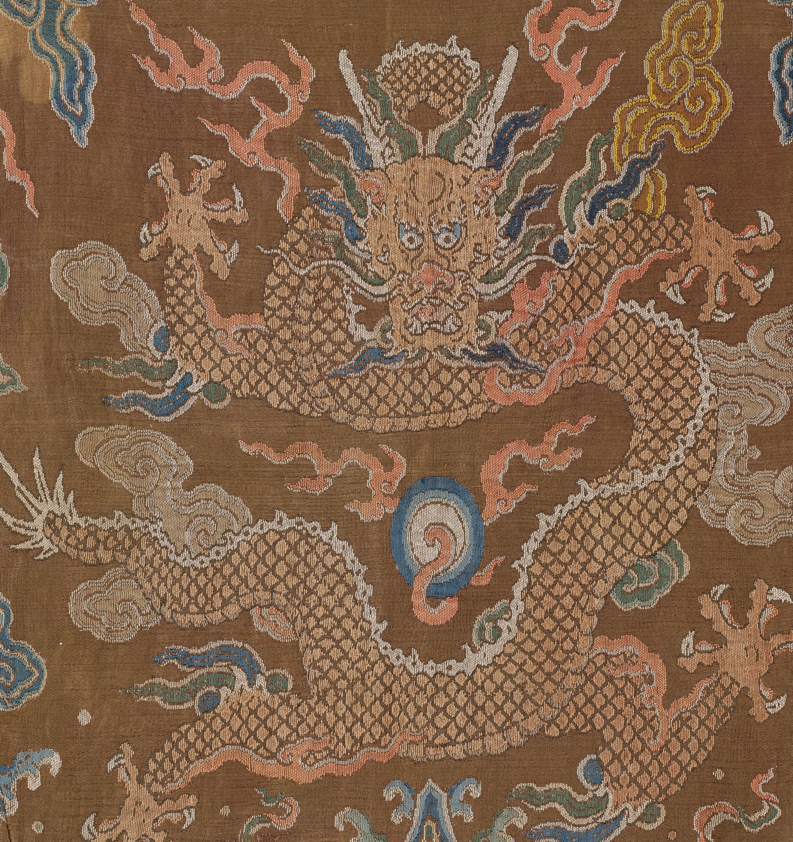 A FINE CHESTNUT EMBROIDERED 'DRAGON' SILK PANEL, QING DYNASTY (1 of 4)