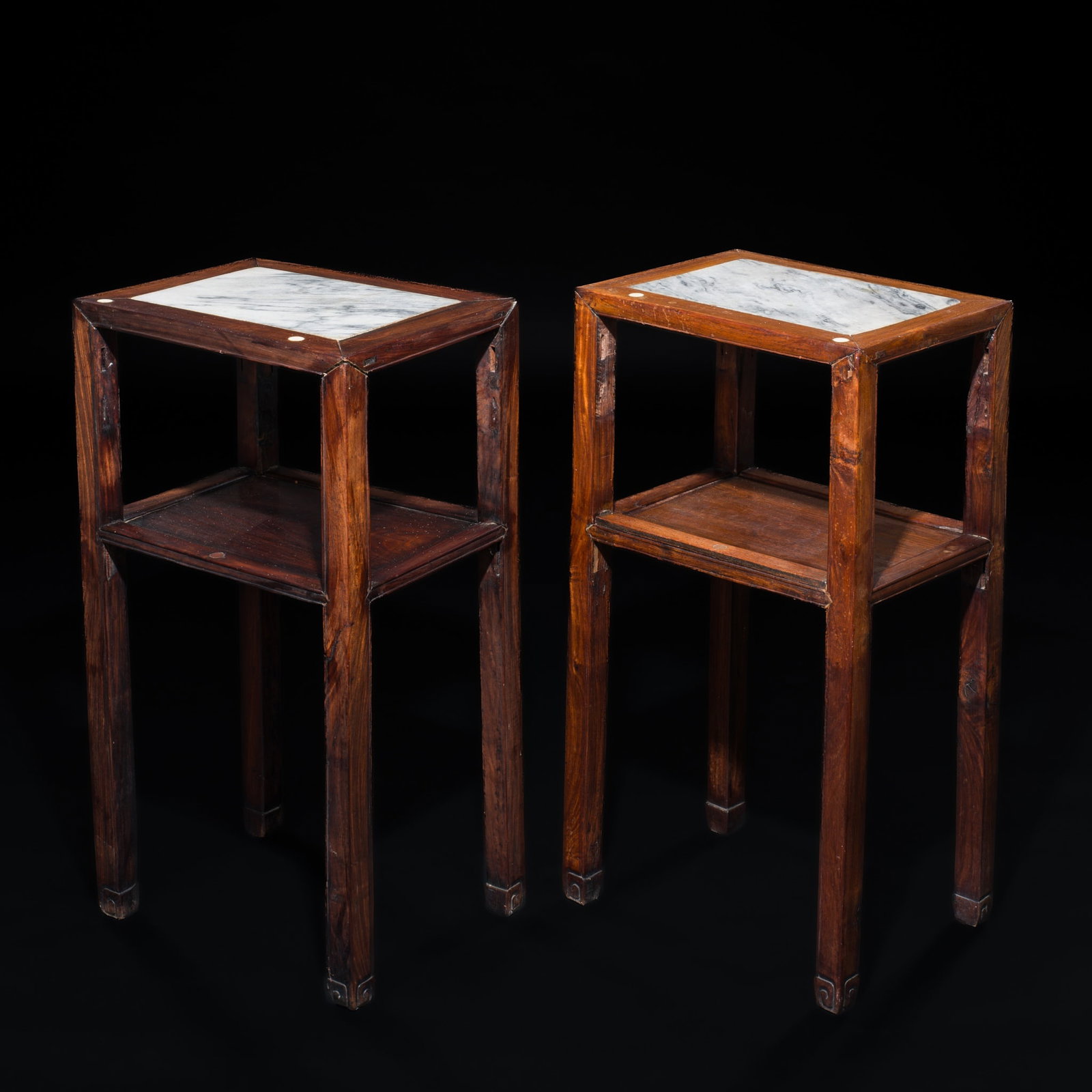 A PAIR OF MARBLE INSET HARDWOOD INCENSE STANDS, QING DYNASTY: A PAIR OF MARBLE INSET HARDWOOD INCENSE STANDS, QING DYNASTY This lot is from a single owner collection and is therefore offered without reserve China, 1644-1912. Of Each of rectangular form, the four
