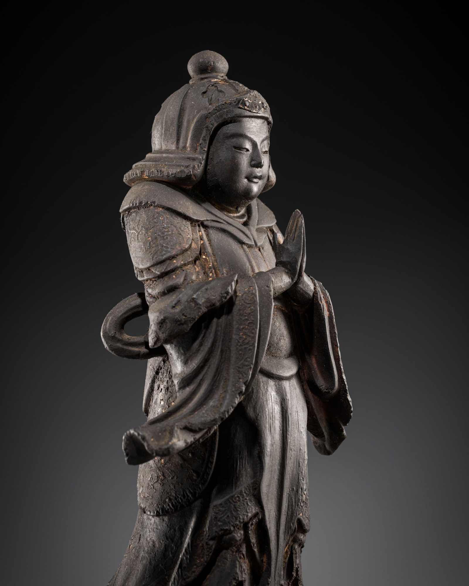 A LACQUERED WOOD FIGURE OF IDATEN, SKANDA, KAMAKURA PERIOD, 14TH CENTURY: A LACQUERED WOOD FIGURE OF IDATEN, SKANDA, KAMAKURA PERIOD, 14TH CENTURY This lot is from a single owner collection and is therefore offered without reserve Japan, 1185-1333. Finely carved standing st
