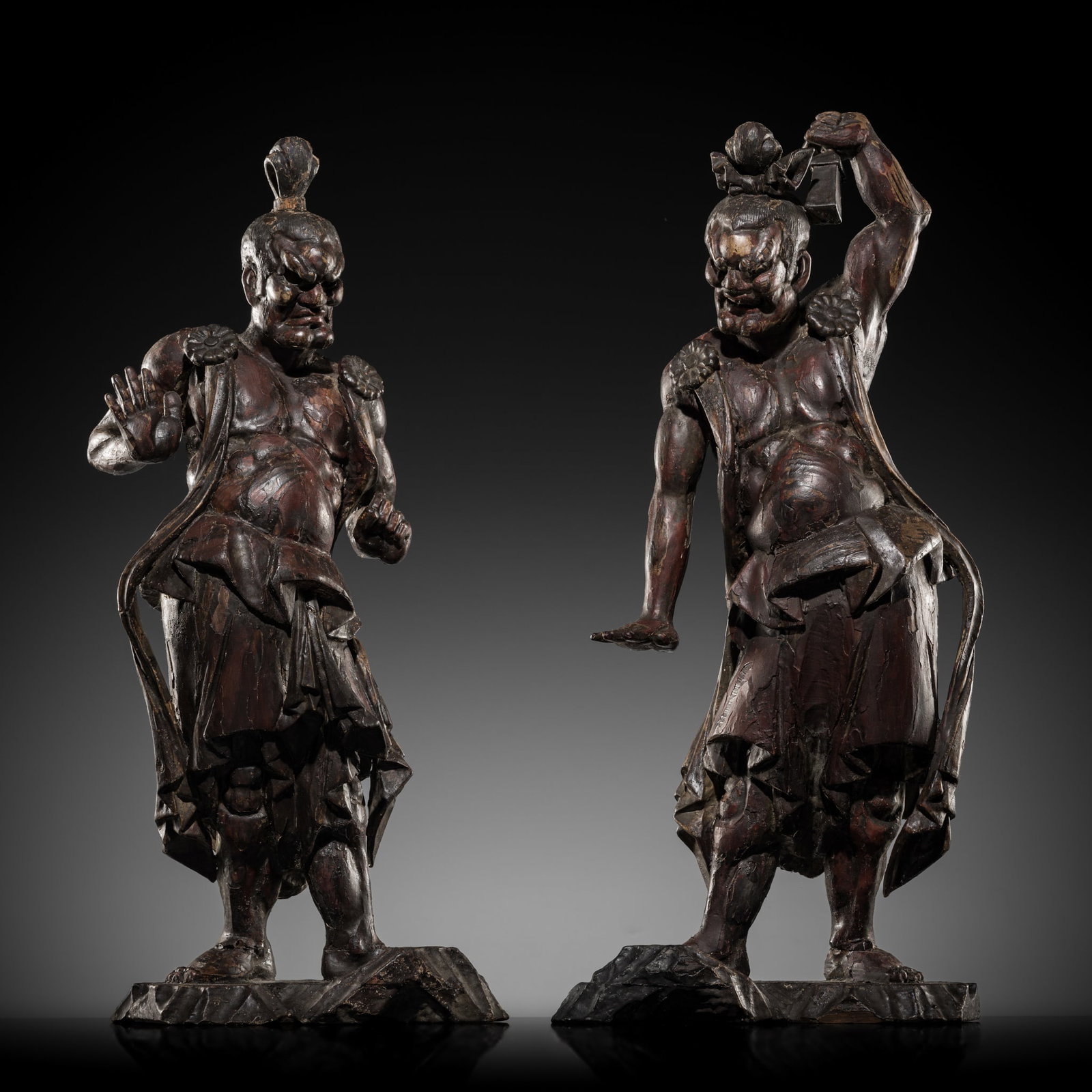 A PAIR OF POLYCHROME WOOD FIGURES OF NIO (TEMPLE GUARDIANS), EDO PERIOD, 17TH-18TH CENTURY (1 of 12)