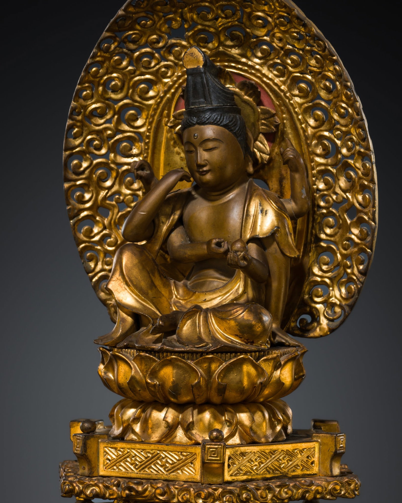 A FINE GILT-LACQUERED WOOD FIGURE OF NYOIRIN KANNON (AVALOKITESHVARA), EDO PERIOD: A FINE GILT-LACQUERED WOOD FIGURE OF NYOIRIN KANNON (AVALOKITESHVARA), EDO PERIOD This lot is from a single owner collection and is therefore offered without reserve Japan, 1615-1868. Of yosegi (joine