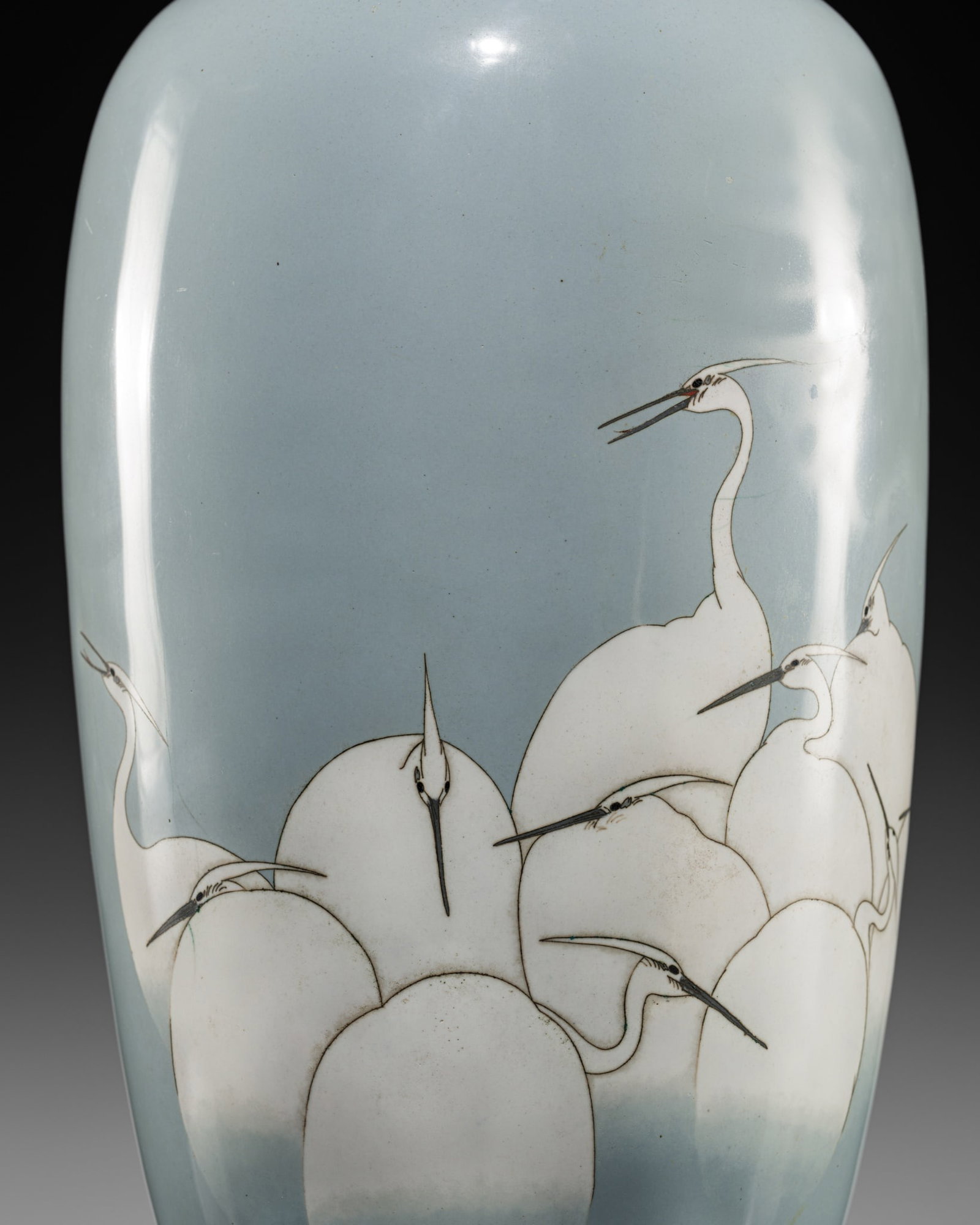 A FINE AND VERY LARGE (61 CM) CLOISONNÉ ENAMEL 'EGRETS' VASE, MEIJI PERIOD: A FINE AND VERY LARGE (61 CM) CLOISONNÉ ENAMEL 'EGRETS' VASE, MEIJI PERIOD This lot is from a single owner collection and is therefore offered without reserve The Jorgen Ruben Gallery Ledger, ent