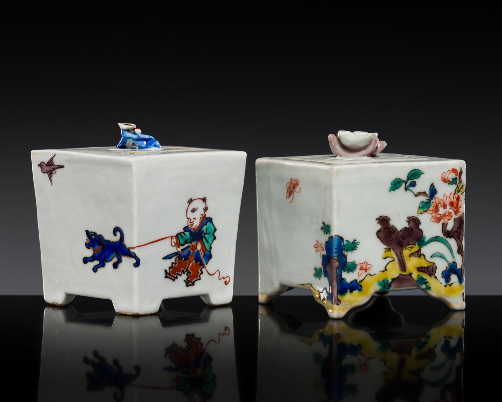 A SET OF TWO KO-KUTANI PORCELAIN KORO (CENSER), MEIJI PERIOD: A SET OF TWO KO-KUTANI PORCELAIN KORO (CENSER), MEIJI PERIOD This lot is from a single owner collection and is therefore offered without reserve Japan, late 19th century. One koro, of square form, pai