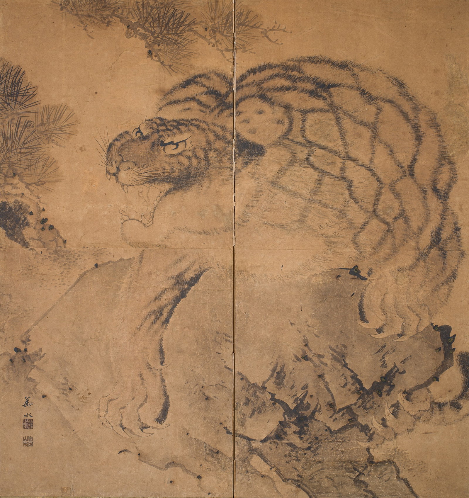A TWO-PANEL 'THE OLD TIGER' FOLDING SCREEN, BYOBU, BY KASUI, 17TH-18TH CENTURY: A TWO-PANEL 'THE OLD TIGER' FOLDING SCREEN, BYOBU, BY KASUI, 17TH-18TH CENTURY This lot is from a single owner collection and is therefore offered without reserve The Jorgen Ruben Gallery Ledger, entr