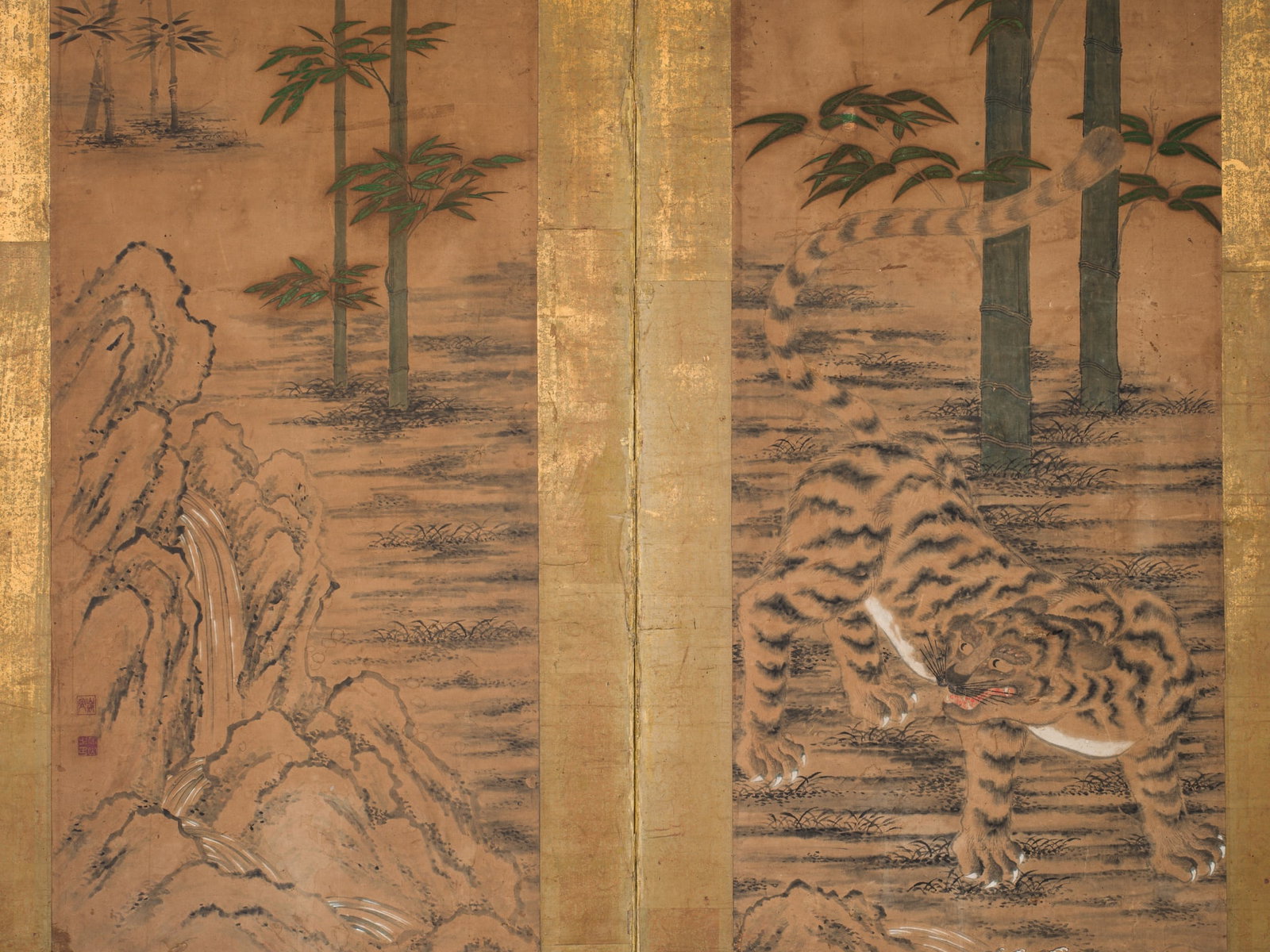 A TWO-PANEL 'TIGER IN A BAMBOO GROVE' FOLDING SCREEN, BYOBU, BY SANGENSAI, EDO PERIOD: A TWO-PANEL 'TIGER IN A BAMBOO GROVE' FOLDING SCREEN, BYOBU, BY SANGENSAI, EDO PERIOD This lot is from a single owner collection and is therefore offered without reserve Japan, 1615-1868. Ink, waterco