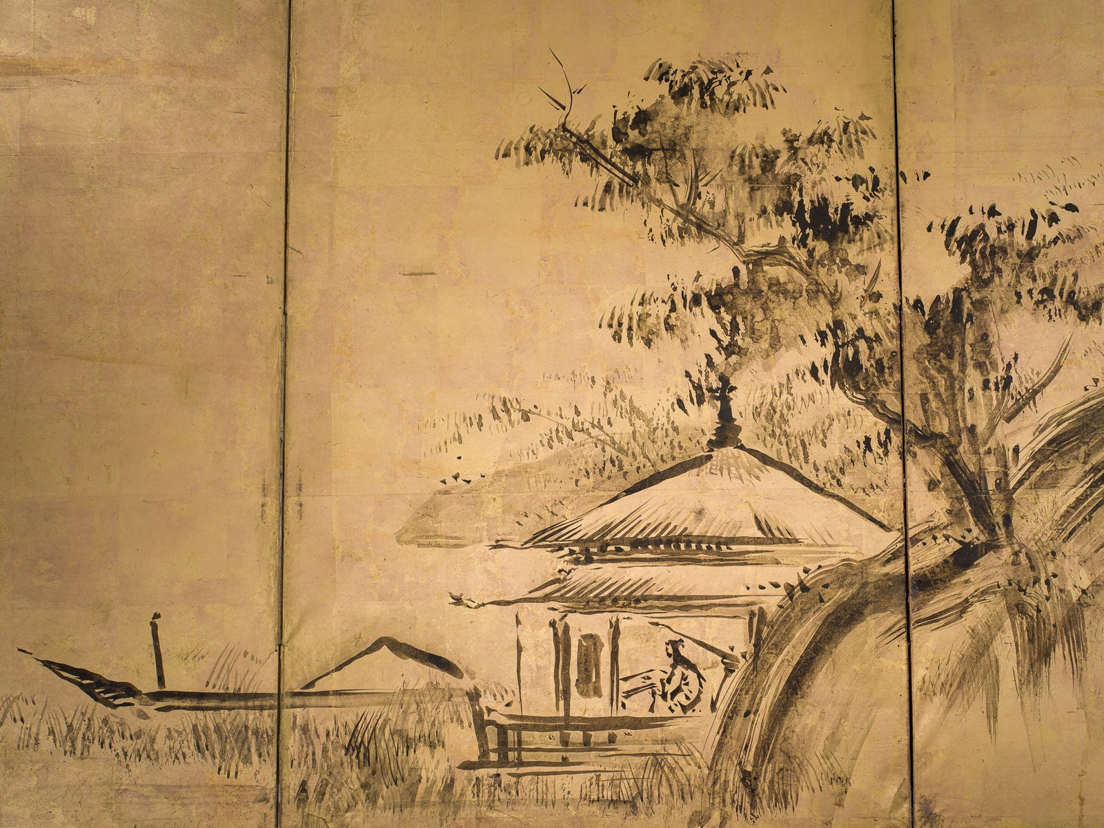 A SIX-PANEL 'SCHOLAR IN A LANDSCAPE' FOLDING SCREEN, BYOBU, BY MARUYAMA OKYO (1733-1795): A SIX-PANEL 'SCHOLAR IN A LANDSCAPE' FOLDING SCREEN, BYOBU, BY MARUYAMA OKYO (1733-1795) This lot is from a single owner collection and is therefore offered without reserve Japan. Ink on gold leafed p