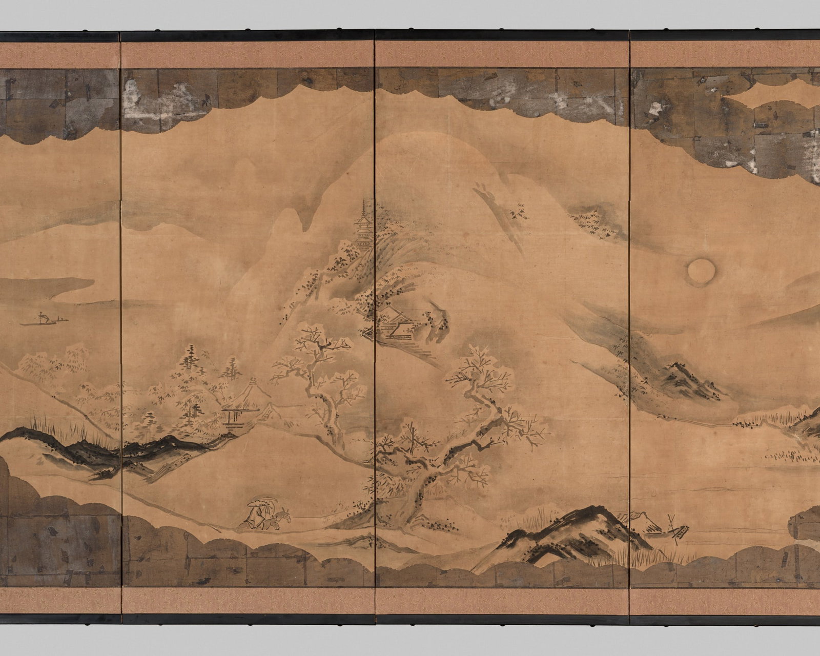 A FINE SIX-PANEL 'WINTER LANDSCAPE' FOLDING SCREEN, BYOBU, EDO PERIOD, 18TH-19TH CENTURY: A FINE SIX-PANEL 'WINTER LANDSCAPE' FOLDING SCREEN, BYOBU, EDO PERIOD, 18TH-19TH CENTURY This lot is from a single owner collection and is therefore offered without reserve Japan. Ink and silver foil 