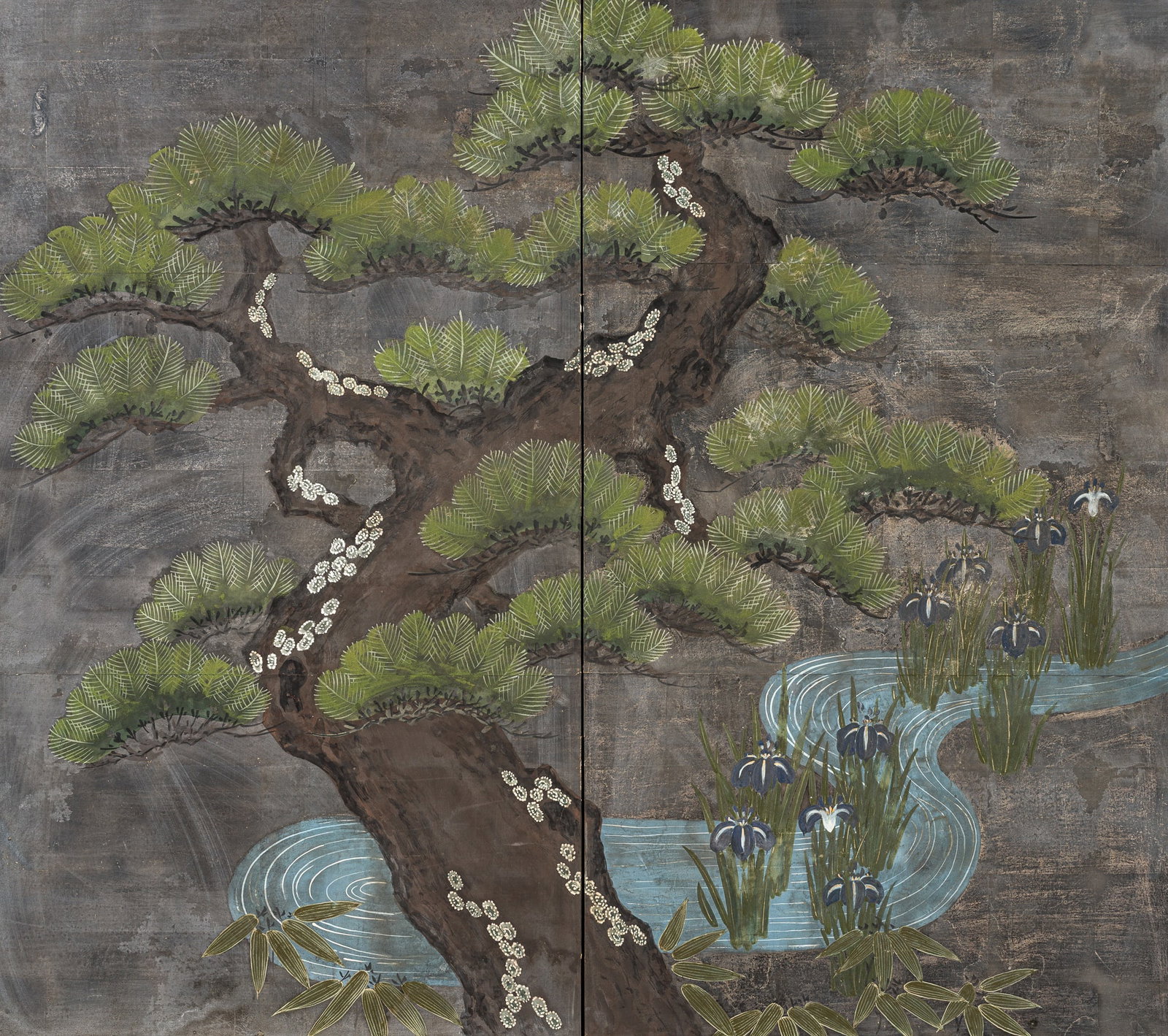 A RARE TWO-PANEL 'PINE AND IRIS' FOLDING SCREEN, BYOBU, MEIJI PERIOD (1 of 11)