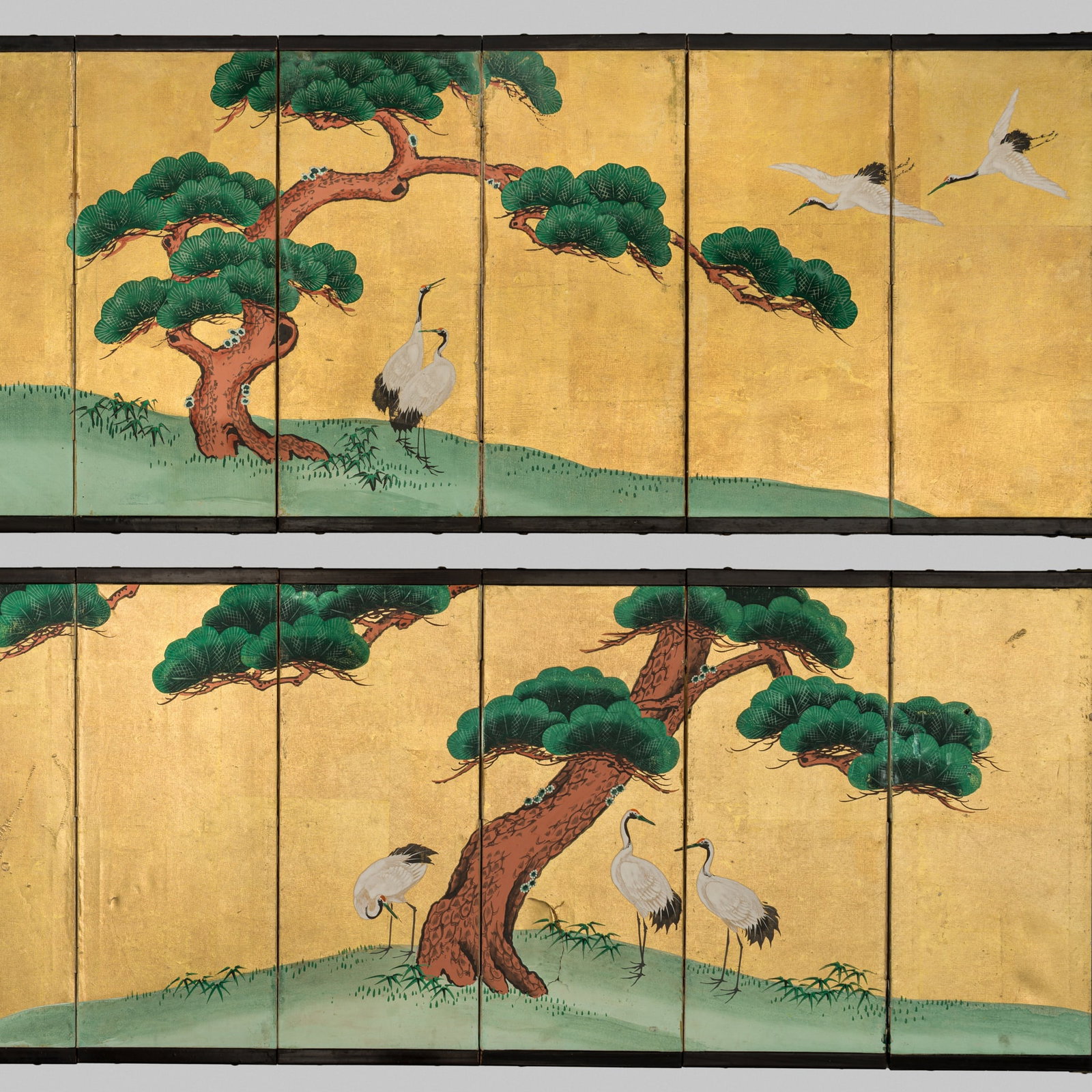 A PAIR OF SMALL SIX-PANEL 'CRANES AND PINE' FOLDING SCREENS, BYOBU, LATE EDO-MEIJI PERIOD, 19TH: A PAIR OF SMALL SIX-PANEL 'CRANES AND PINE' FOLDING SCREENS, BYOBU, LATE EDO-MEIJI PERIOD, 19TH CENTURY This lot is from a single owner collection and is therefore offered without reserve The Jorgen R
