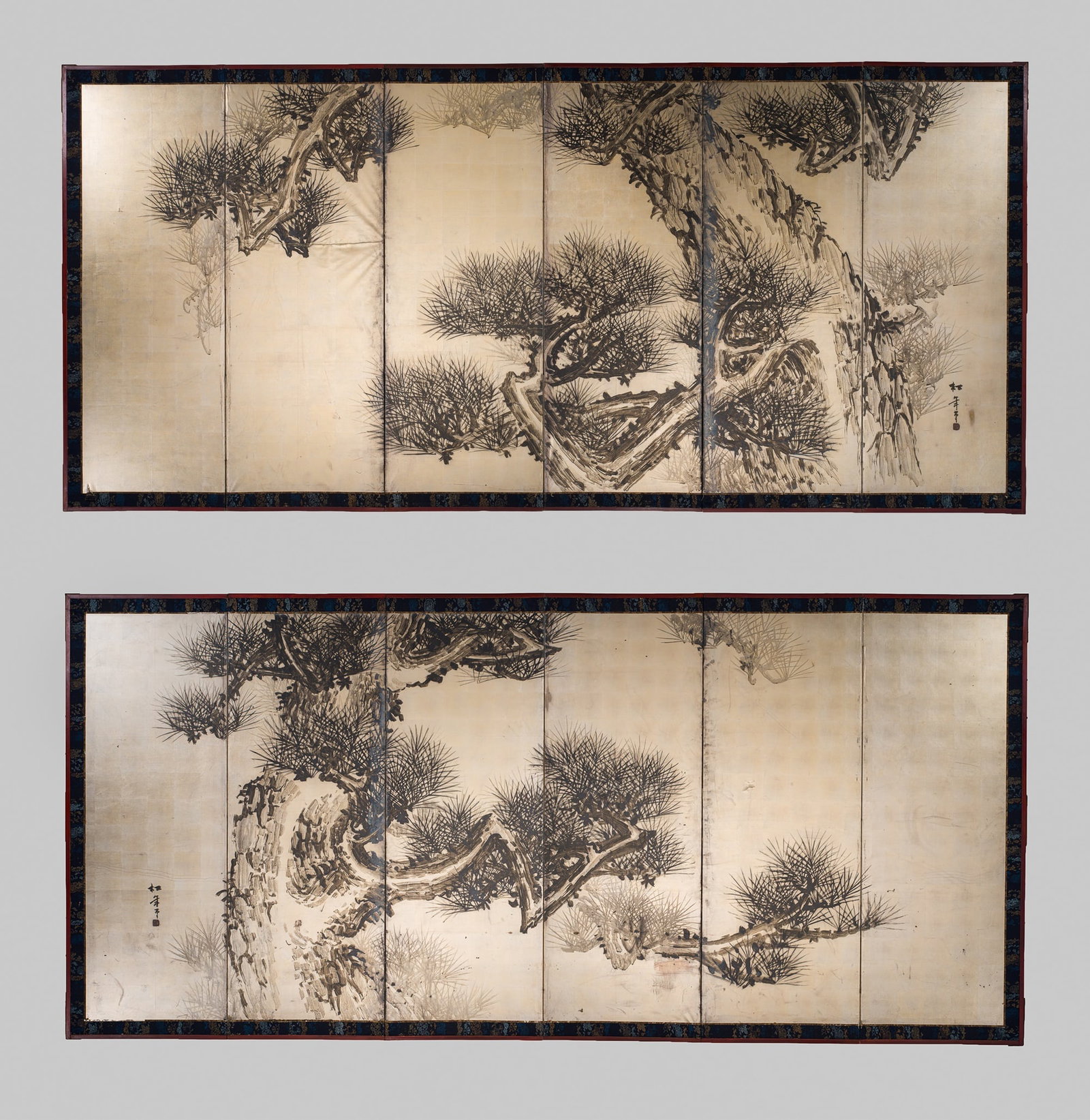 A PAIR OF SIX-PANEL 'PINE TREES' FOLDING SCREENS, BYOBU, BY SUZUKI SHONEN (1849-1918): A PAIR OF SIX-PANEL 'PINE TREES' FOLDING SCREENS, BYOBU, BY SUZUKI SHONEN (1849-1918) This lot is from a single owner collection and is therefore offered without reserve The Jorgen Ruben Gallery Ledge