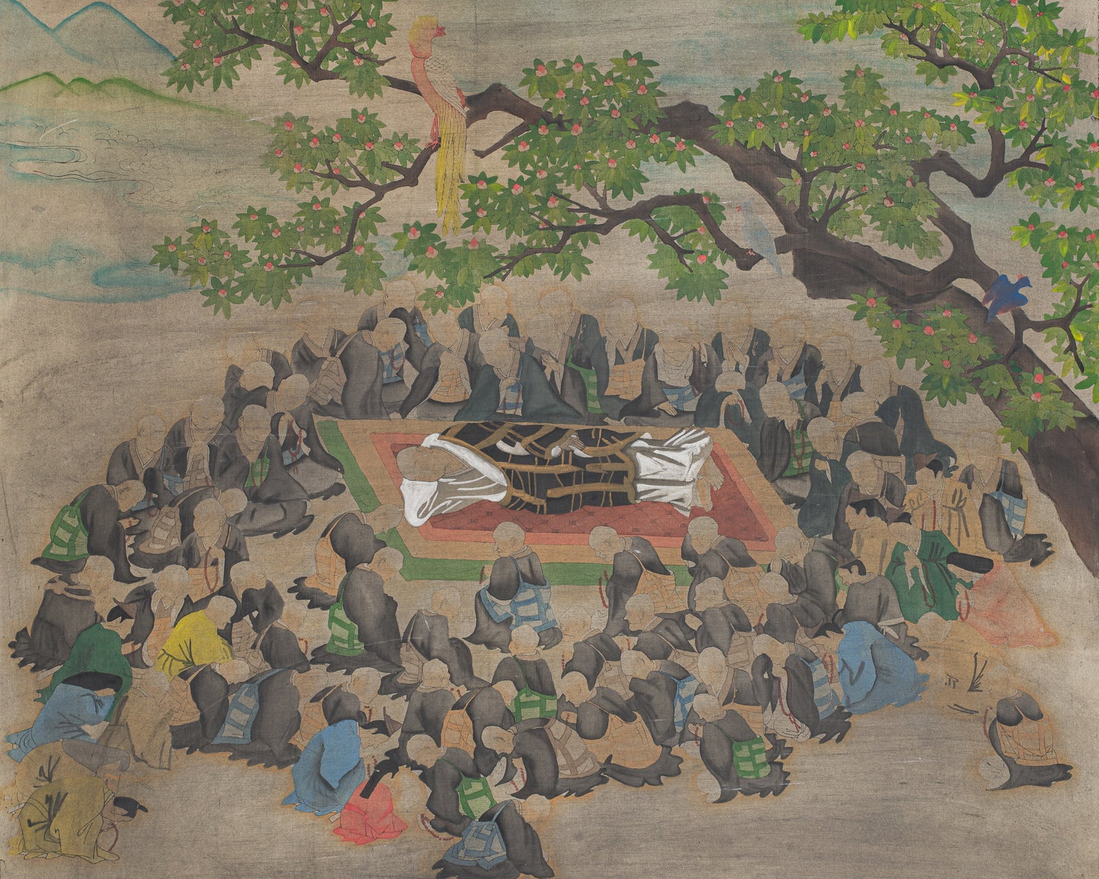 A BUDDHIST PAINTING DEPICTING THE DEATH OF THE HISTORICAL BUDDHA, PARINIRVANA (NEHAN-ZU), DATED 1819: A BUDDHIST PAINTING DEPICTING THE DEATH OF THE HISTORICAL BUDDHA, PARINIRVANA (NEHAN-ZU), DATED 1819 This lot is from a single owner collection and is therefore offered without reserve Japan. Ink, wat