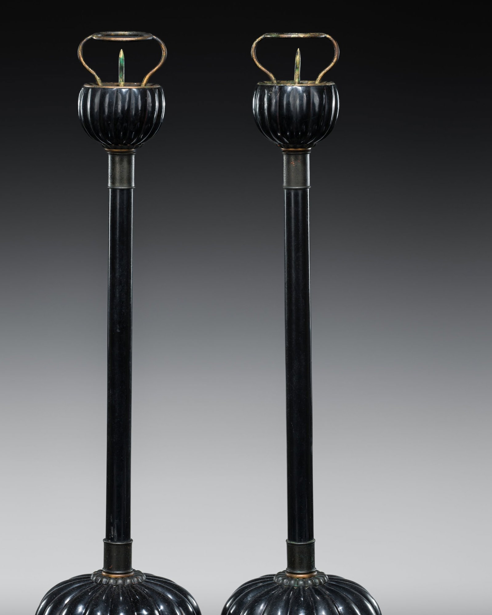 A PAIR OF BLACK LACQUERED TEMPLE CANDLESTICKS, MEIJI PERIOD (1 of 12)