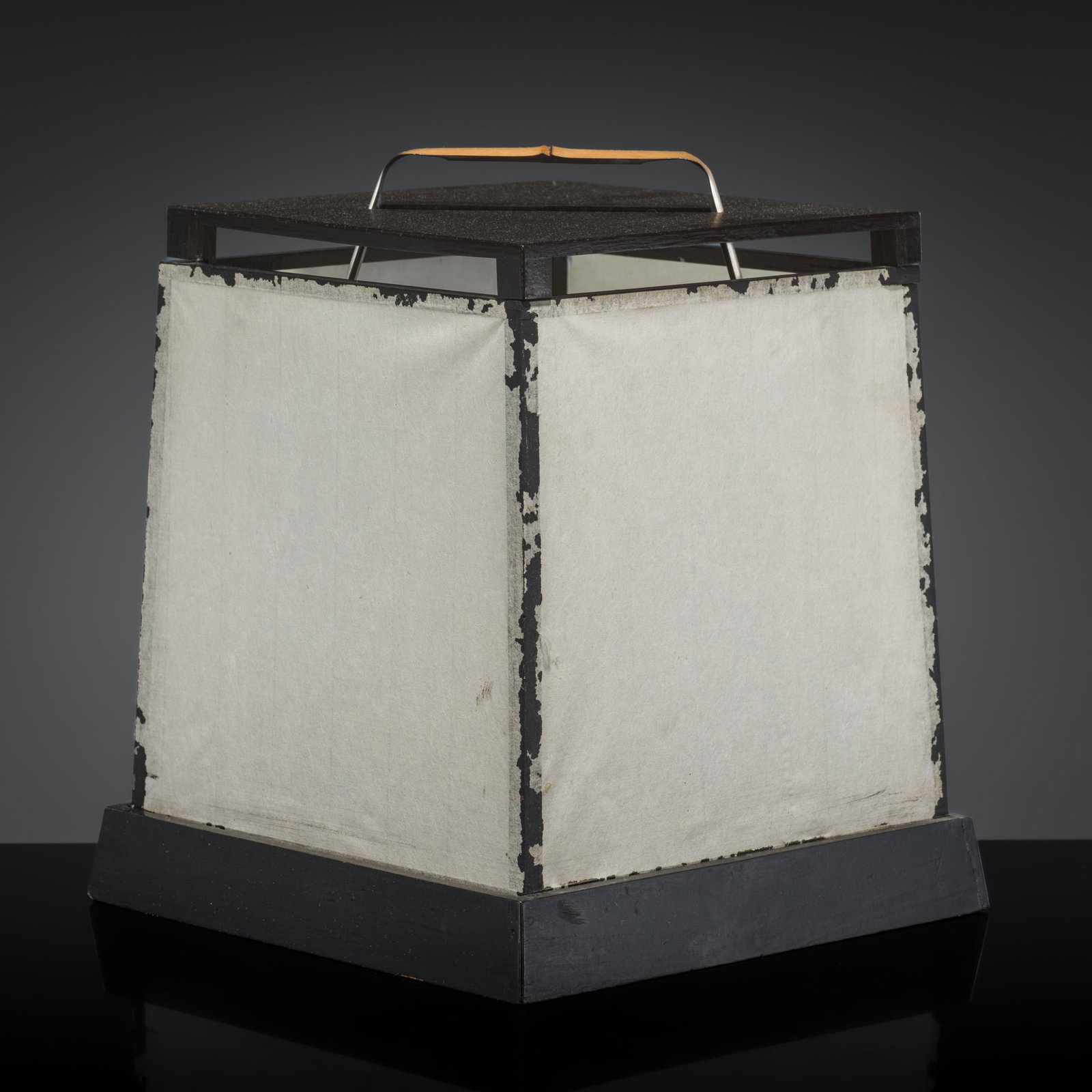 A WOOD ARIAKE ANDON, DAYBREAK LANTERN, MEIJI PERIOD: A WOOD ARIAKE ANDON, DAYBREAK LANTERN, MEIJI PERIOD This lot is from a single owner collection and is therefore offered without reserve Japan, 1868-1912. Of slightly tapering cubic form, the black-lac