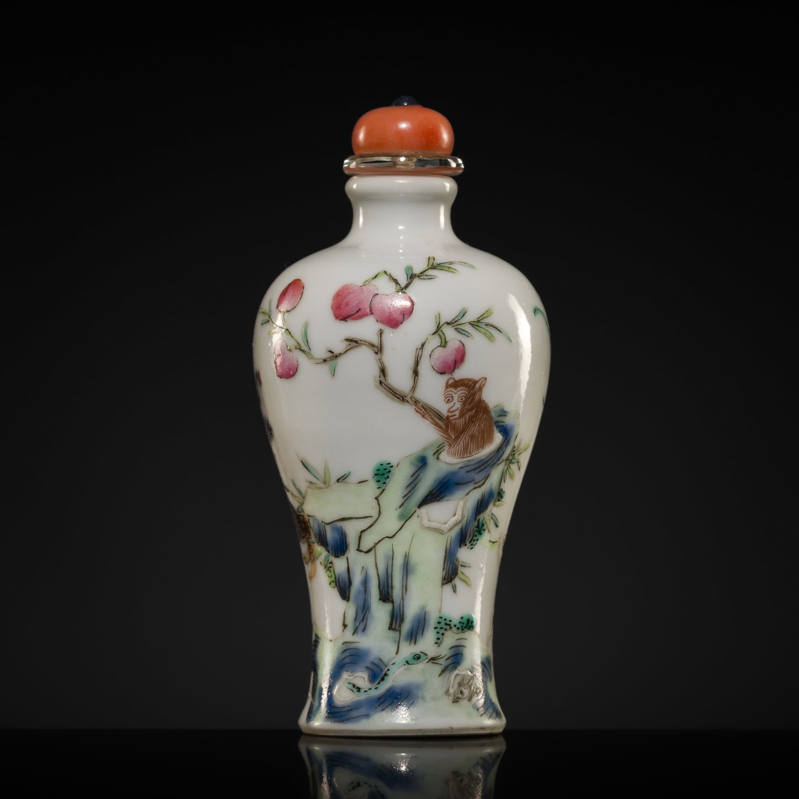 A FAMILLE ROSE 'TWELVE ANIMALS OF ZODIAC' SNUFF BOTTLE, 19TH CENTURY, EX-PALMER COLLECTION: A FAMILLE ROSE 'TWELVE ANIMALS OF ZODIAC' SNUFF BOTTLE, 19TH CENTURY, EX-PALMER COLLECTION China, Jingdezhen kilns. Well potted in elegant Meiping form with a broad shouldered body supported on a flar