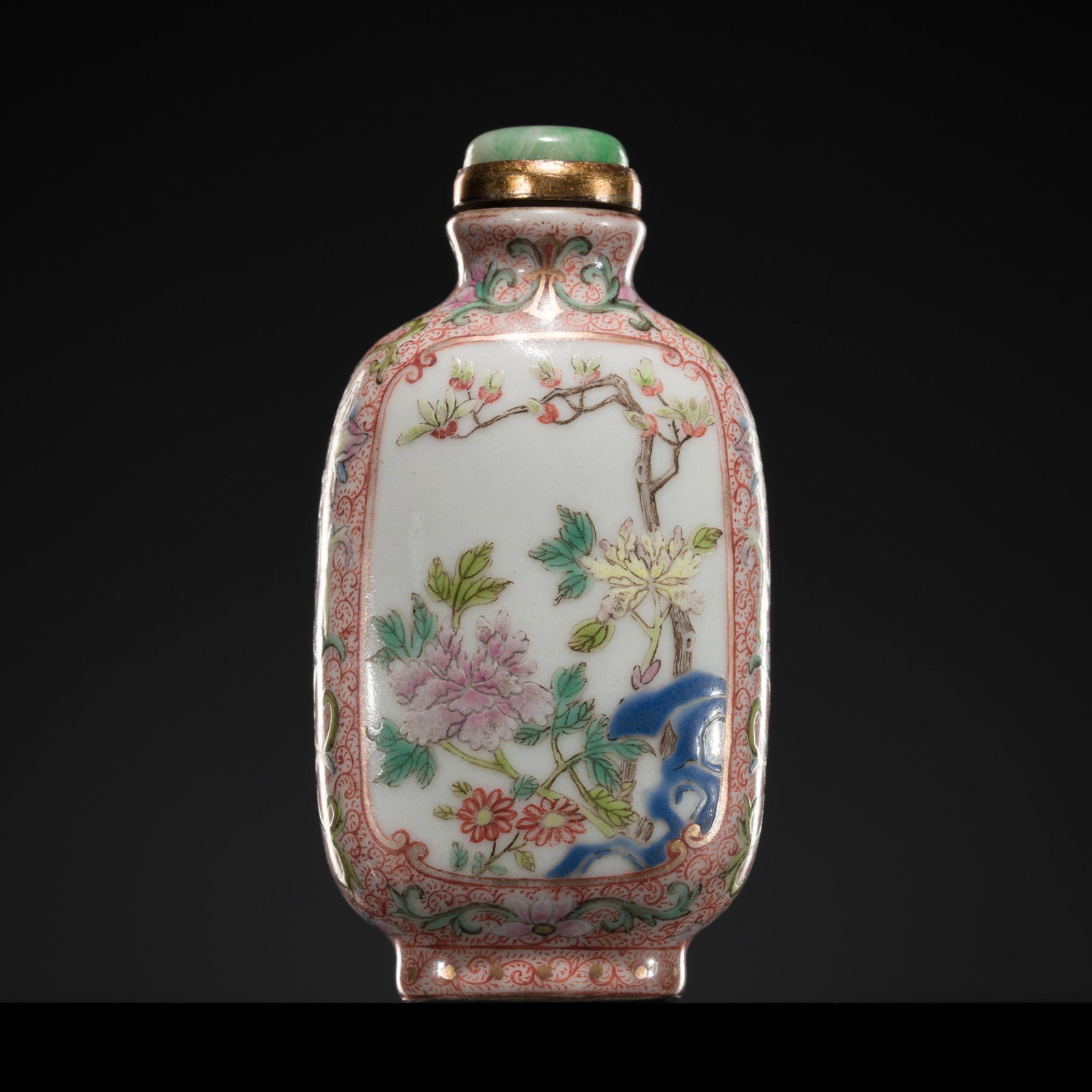 AN IMPERIAL FAMILLE ROSE 'PEONY POEM' SNUFF BOTTLE, QIANLONG MARK AND PERIOD: AN IMPERIAL FAMILLE ROSE 'PEONY POEM' SNUFF BOTTLE, QIANLONG MARK AND PERIOD China, 1735-1796. Of rectangular form with rounded corners, decorated in vivid enamels, gilt, and iron-red, the narrow side