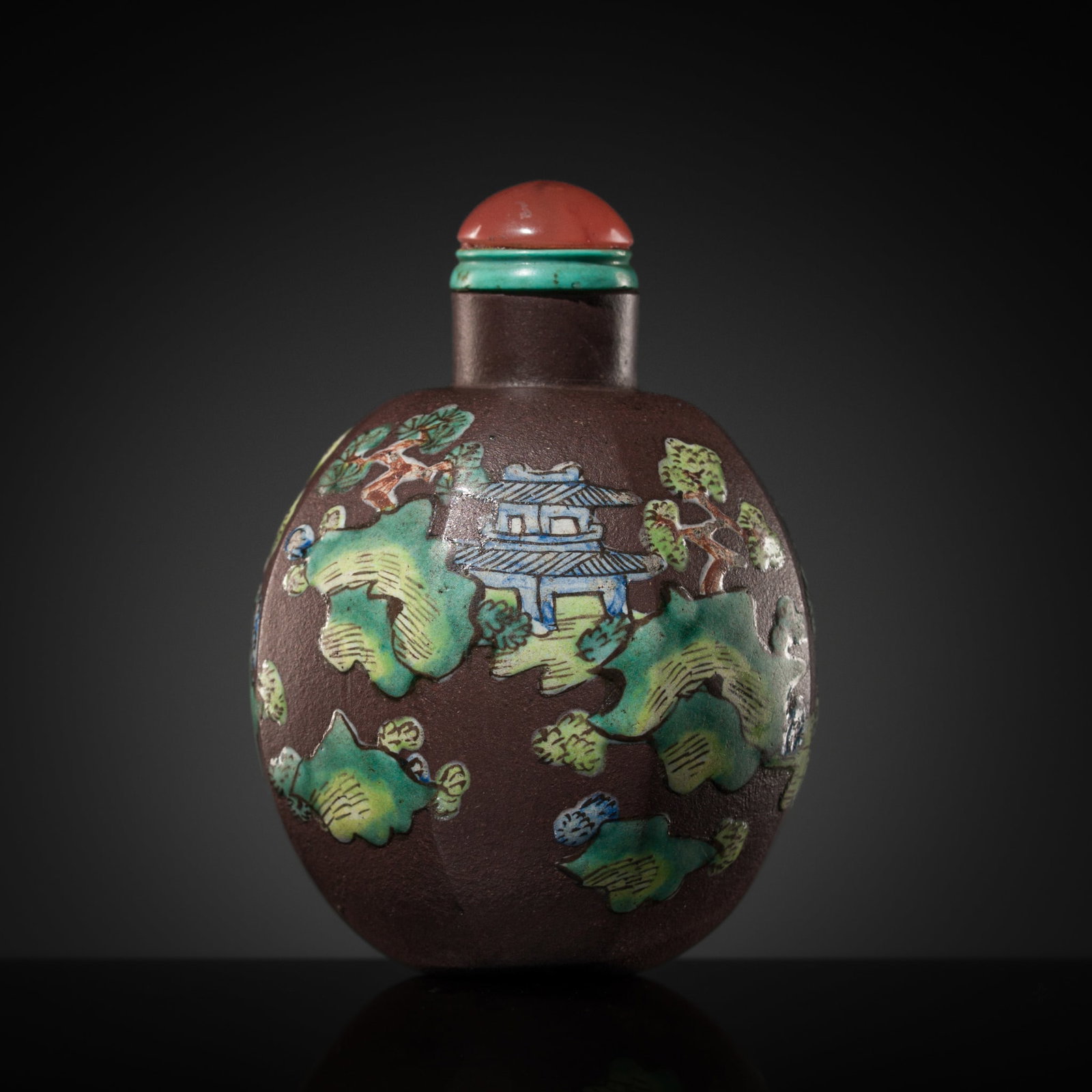 A FINELY ENAMELED YIXING WARE 'LANDSCAPE' SNUFF BOTTLE, 1821-1880: A FINELY ENAMELED YIXING WARE 'LANDSCAPE' SNUFF BOTTLE, 1821-1880 Published: Galerie Comes, Feine Chinesische Snuff Bottles und Snuff Dishes / 17 Nov. - 24 Dez. 1987, Vienna, Austria, catalog nr. 74, 