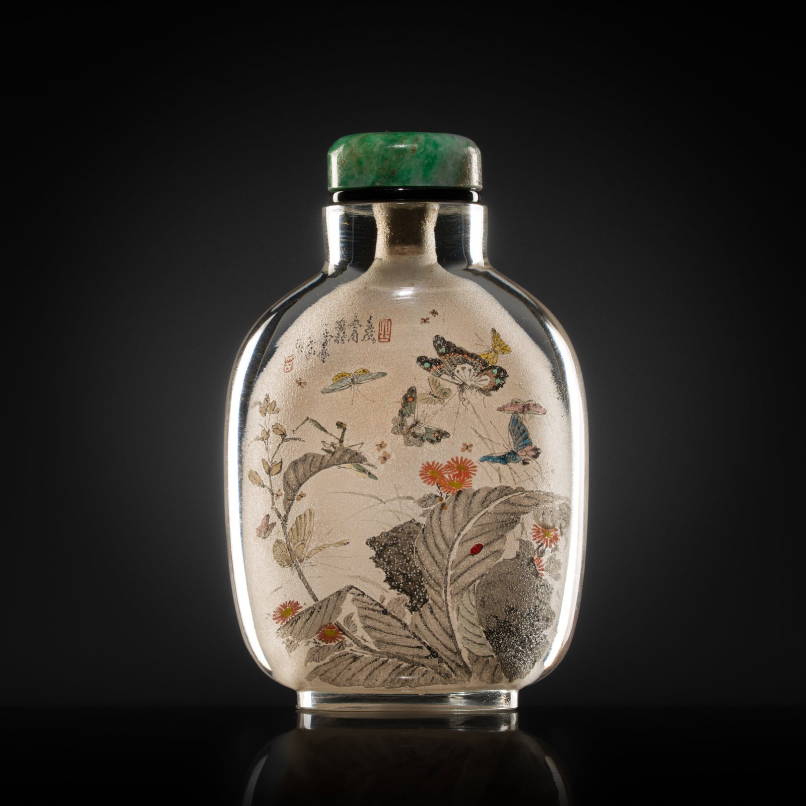 AN INSIDE-PAINTED GLASS 'BUTTERFLIES AND BLOSSOMS' SNUFF BOTTLE, BY WANGZI, 20TH CENTURY (1 of 14)